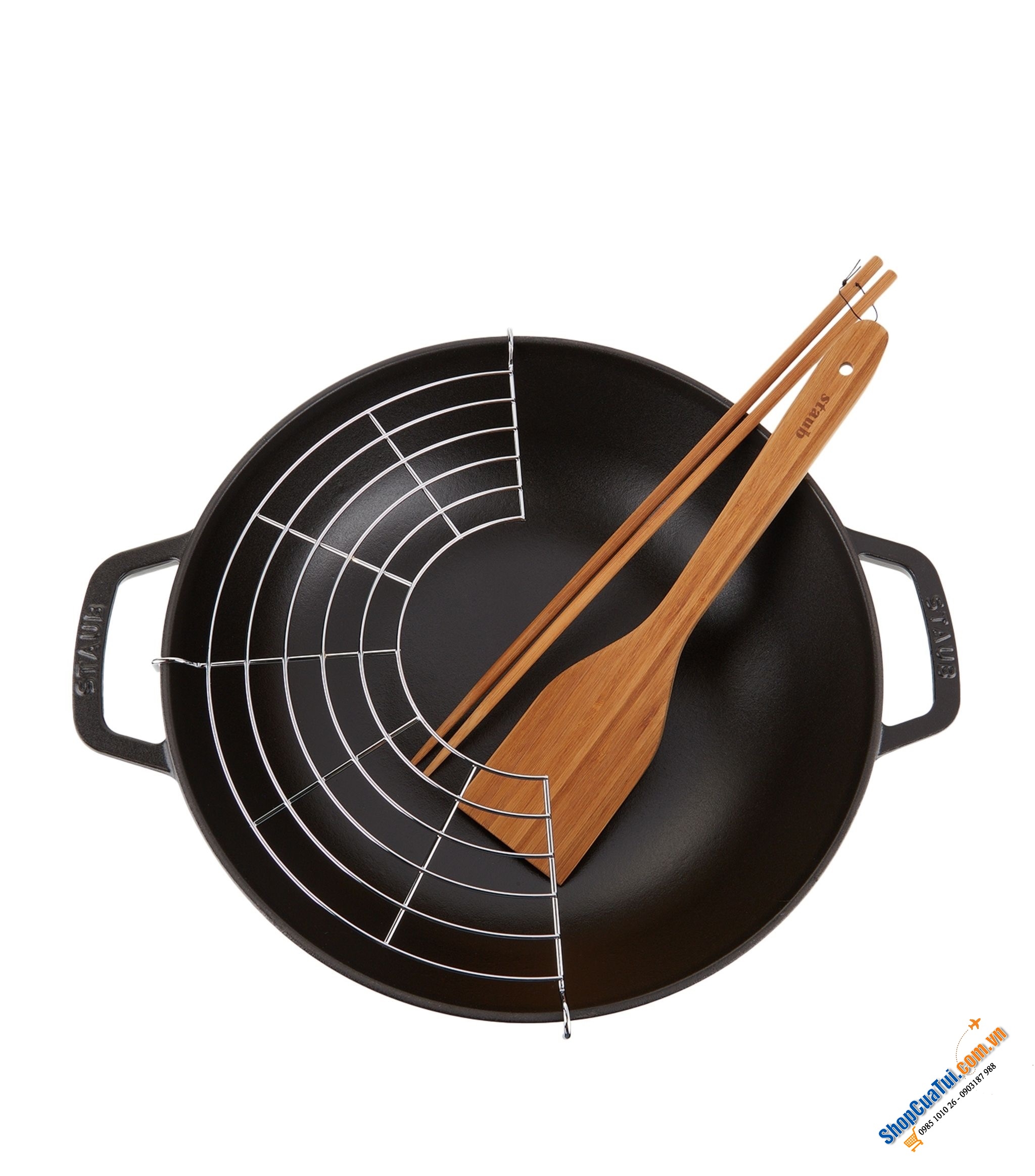 CHẢO GANG XÀO RÁN STAUB 30 CM KÈM VỈ RÁO DẦU, CÓ VUNG KÍNH, MÀU XÁM - Made in France - staub cast iron wok, grey, 30 cm