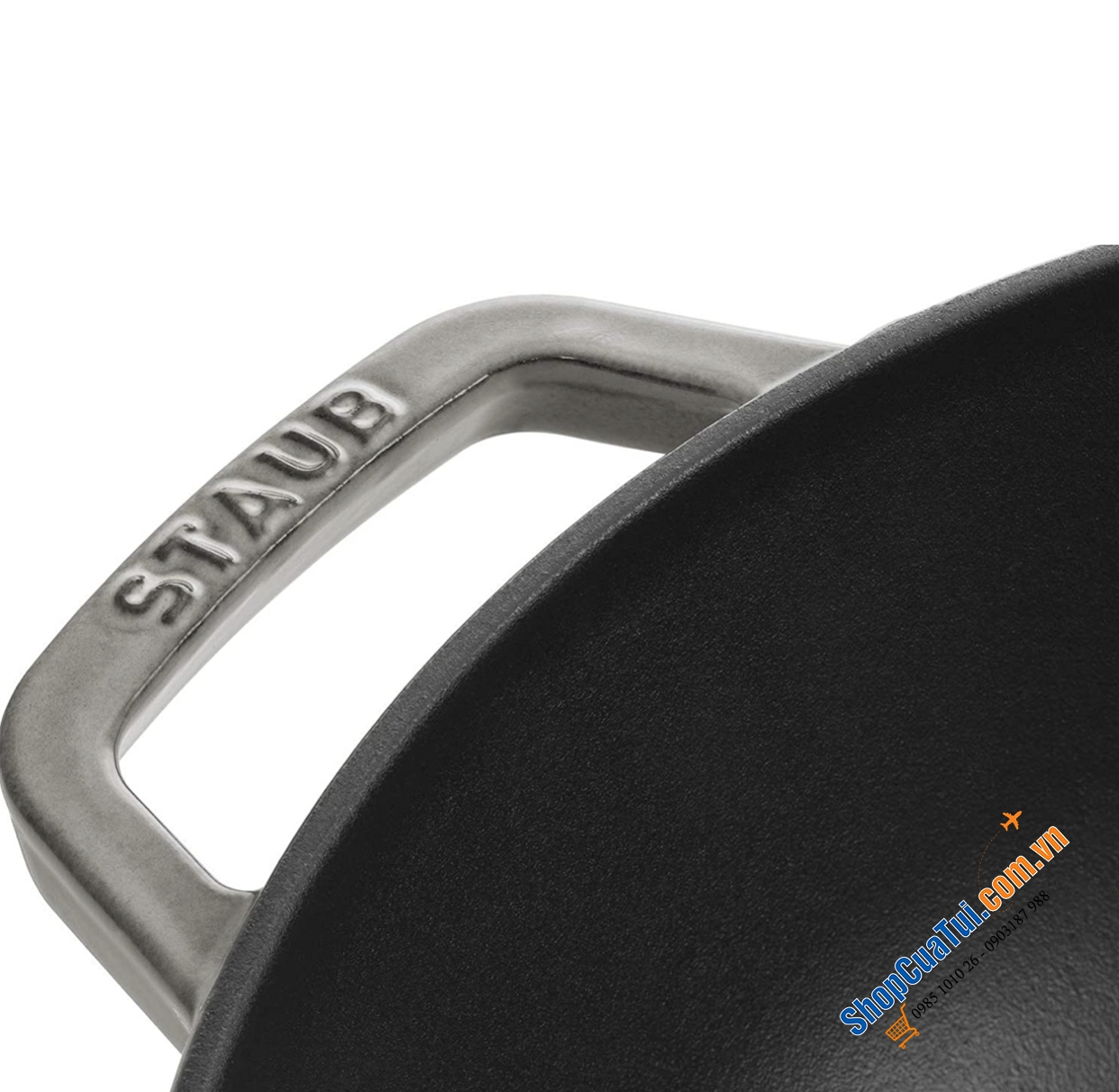 CHẢO GANG XÀO RÁN STAUB 30 CM KÈM VỈ RÁO DẦU, CÓ VUNG KÍNH, MÀU XÁM - Made in France - staub cast iron wok, grey, 30 cm