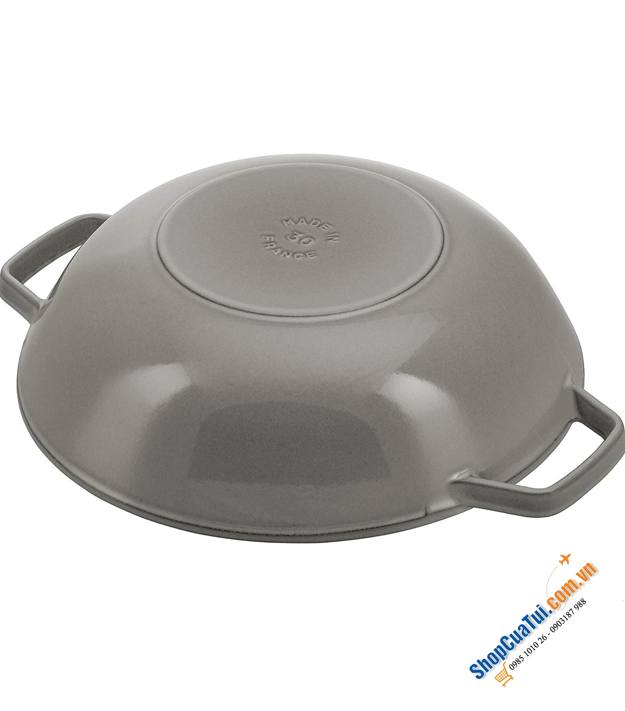CHẢO GANG XÀO RÁN STAUB 30 CM KÈM VỈ RÁO DẦU, CÓ VUNG KÍNH, MÀU XÁM - Made in France - staub cast iron wok, grey, 30 cm