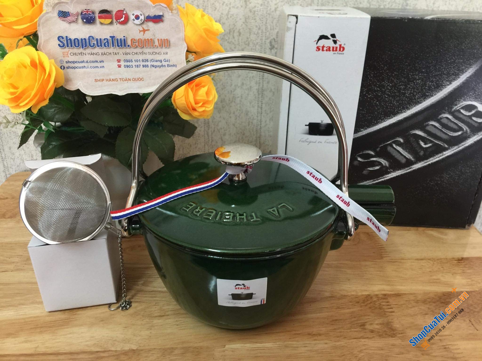 ẤM ĐUN TRÀ GANG STAUB KÈM LÕI LỌC 1 LÍT -MADE IN FRANCE - MÀU XANH HÚNG