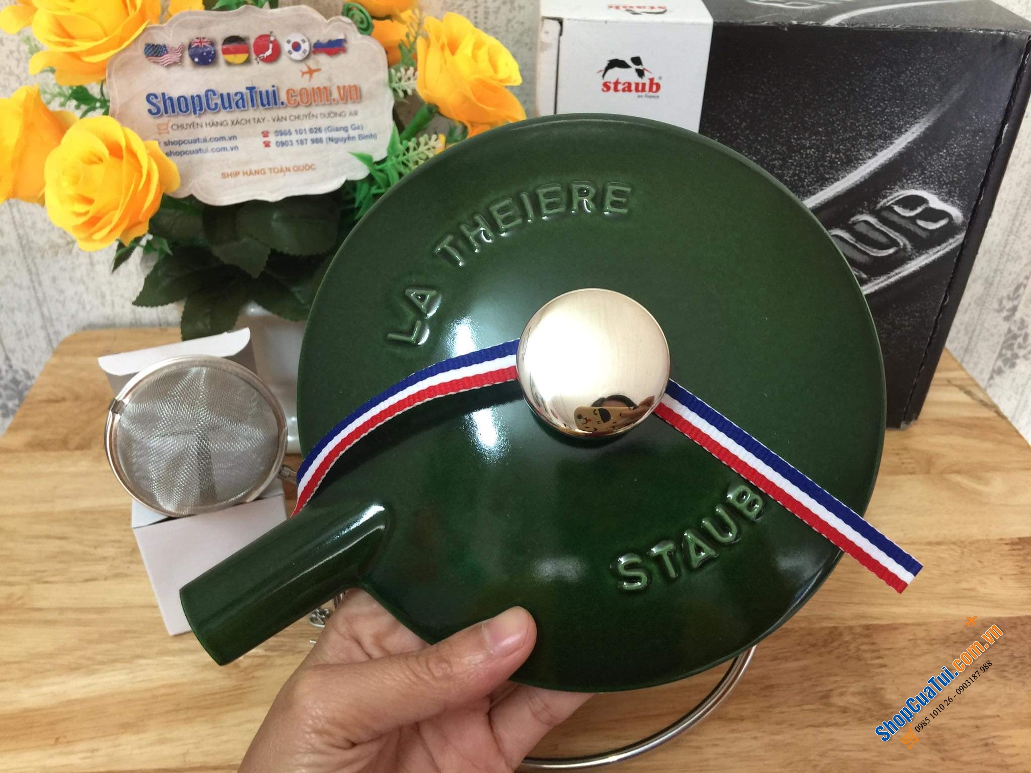 ẤM ĐUN TRÀ GANG STAUB KÈM LÕI LỌC 1 LÍT -MADE IN FRANCE - MÀU XANH HÚNG