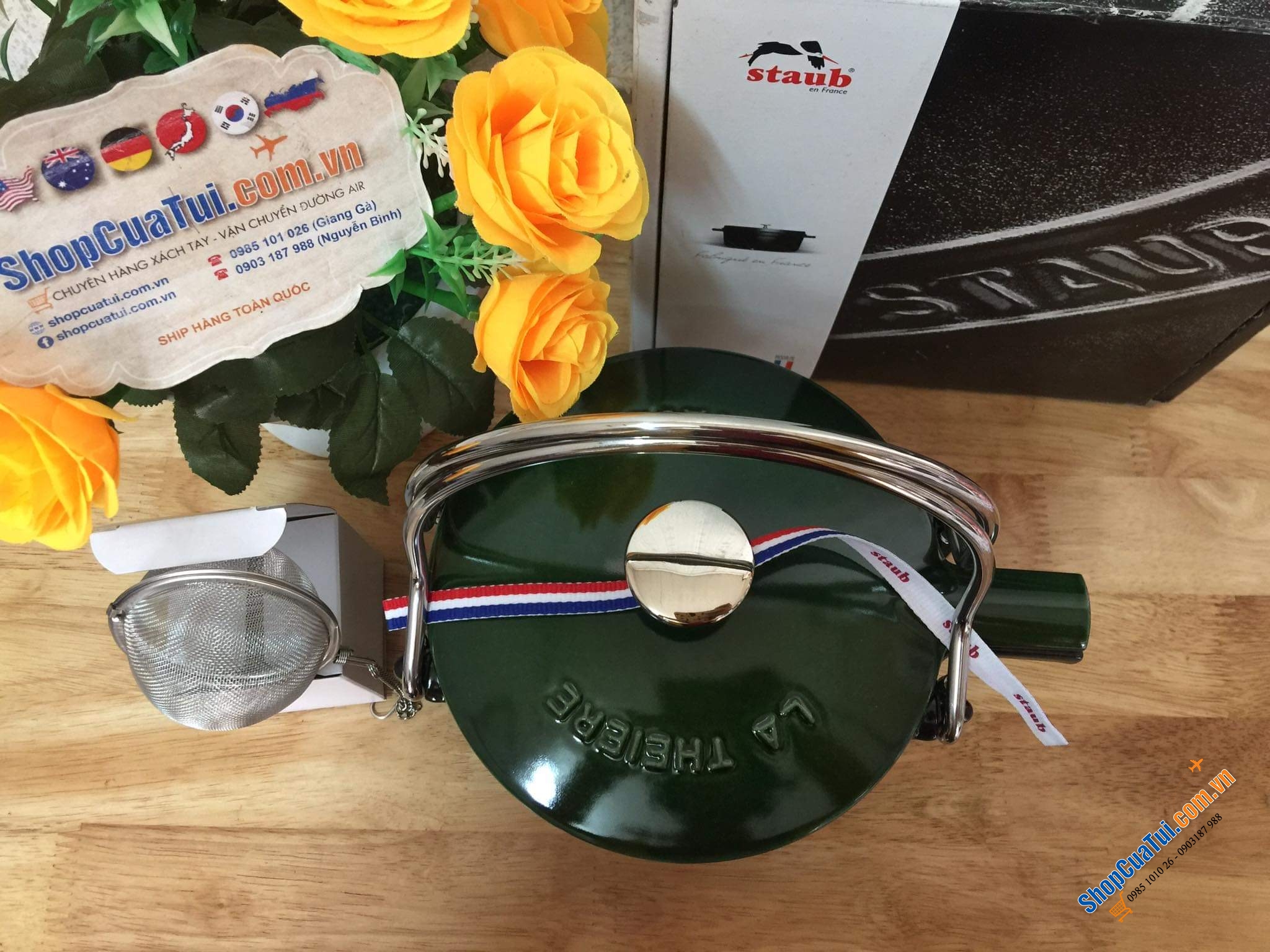 ẤM ĐUN TRÀ GANG STAUB KÈM LÕI LỌC 1 LÍT -MADE IN FRANCE - MÀU XANH HÚNG