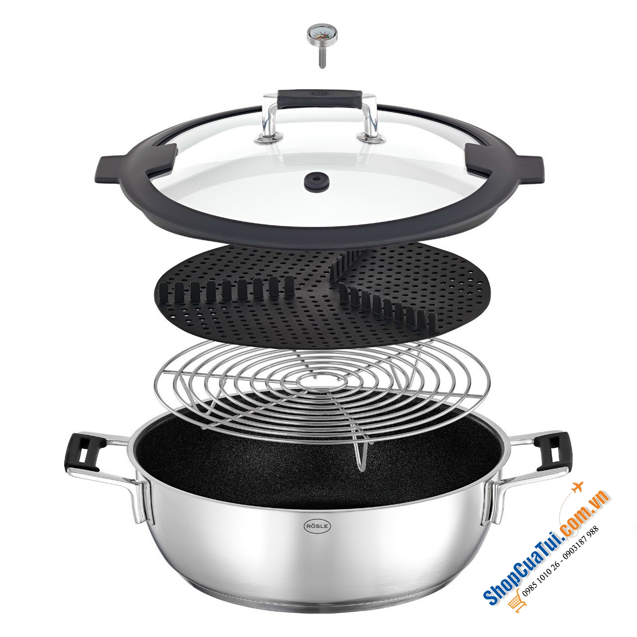 Nồi Hấp Chống Dính Rösle Silence PRO 91978 28cm có vung bằng kính cường lực và viền silicon toàn diện