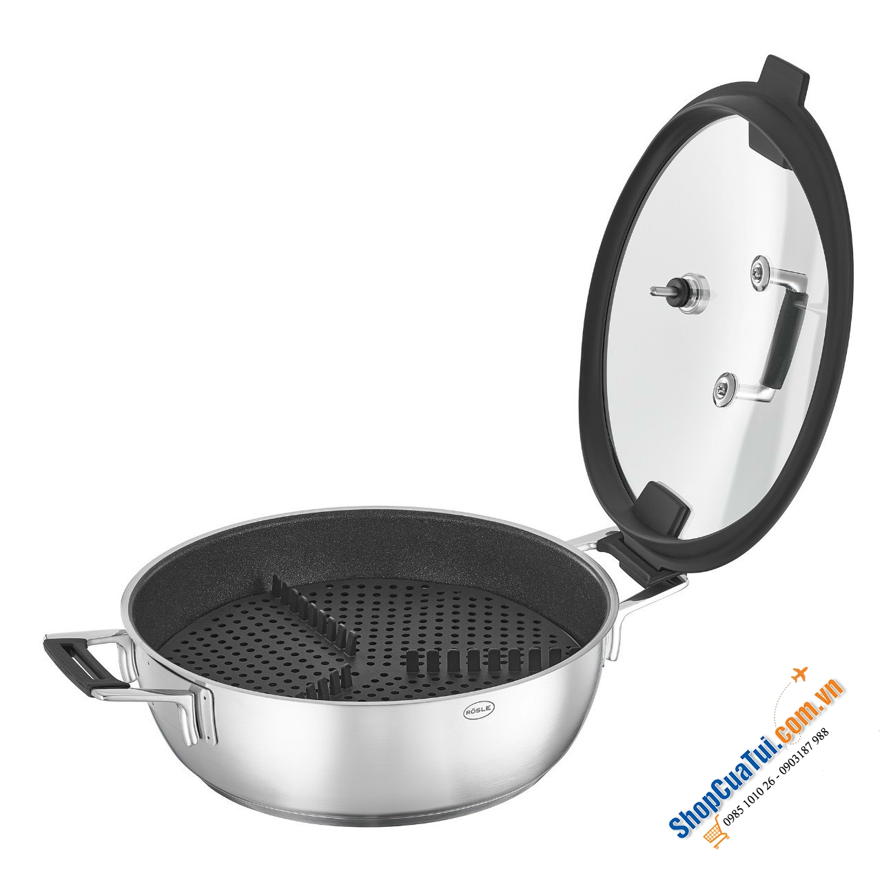 Nồi Hấp Chống Dính Rösle Silence PRO 91978 28cm có vung bằng kính cường lực và viền silicon toàn diện