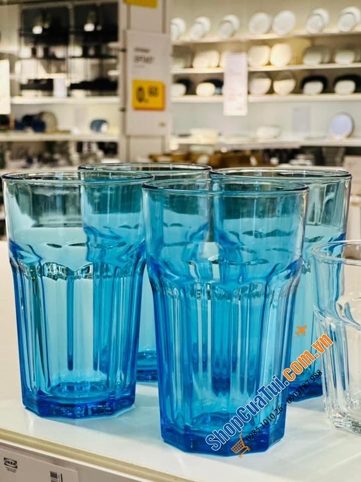 BỘ 4 CỐC THUỶ TINH XANH BIẾC IKEA POKAL ĐỨC - MADE IN SLOVENIA.