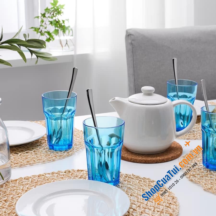 BỘ 4 CỐC THUỶ TINH XANH BIẾC IKEA POKAL ĐỨC - MADE IN SLOVENIA.
