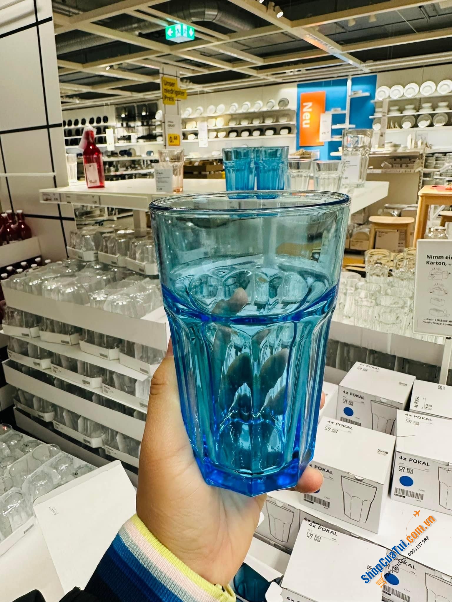 BỘ 4 CỐC THUỶ TINH XANH BIẾC IKEA POKAL ĐỨC - MADE IN SLOVENIA.