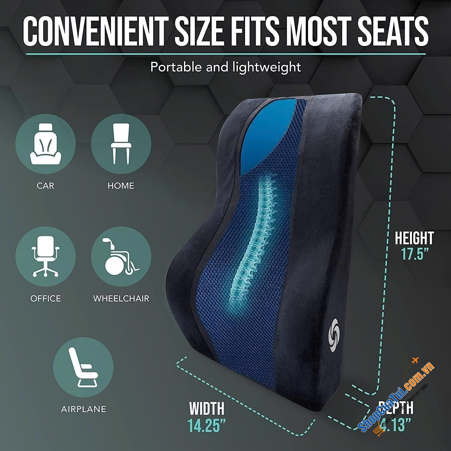 Gối tựa lưng Samsonite cooling gel size to hỗ trợ người ngồi làm việc trong thời gian dài hoặc lái xe đường dài hàng giờ