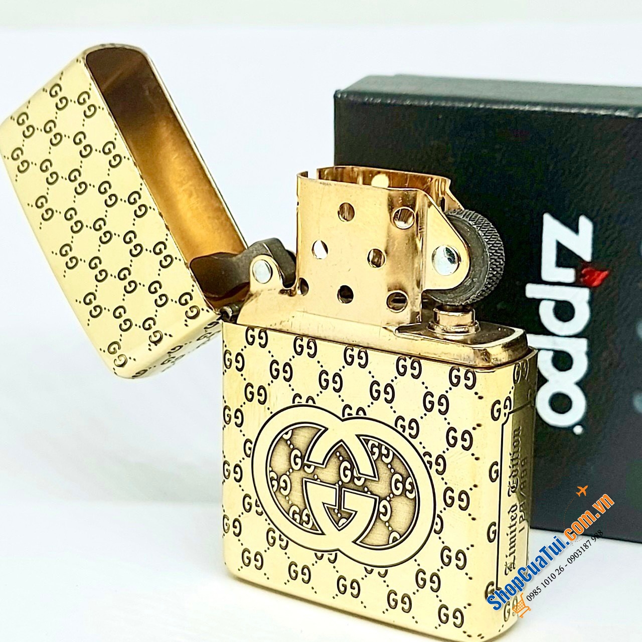 Bật lửa ZIPPO amor brass khắc design Thương hiệu Gucci màu vàng màu bạc