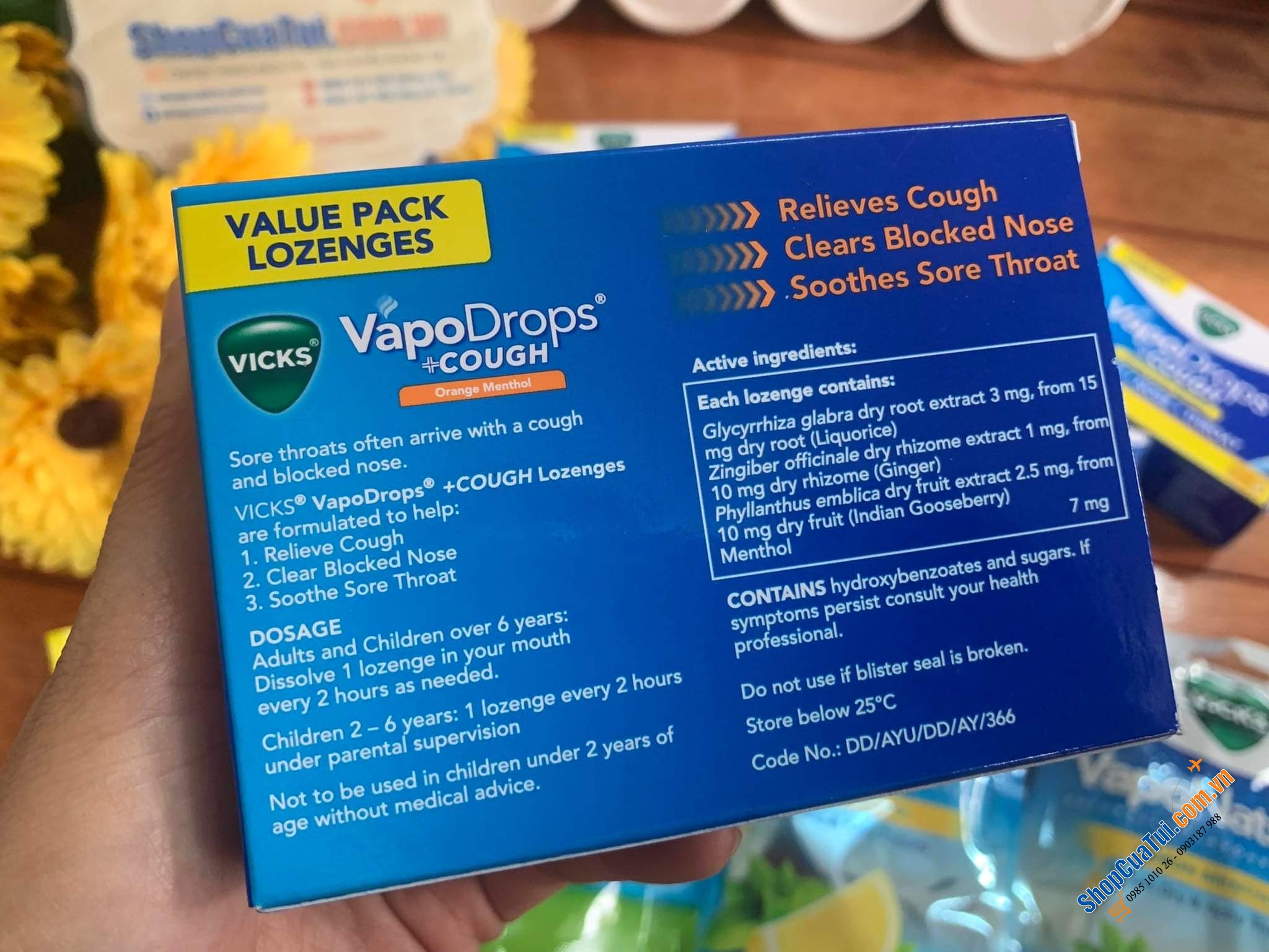 Viên ngậm trị ho, mũi và họng Vicks VapoDrops + Cough Orange Menthol 36 Lozenges (36 viên) vị cam