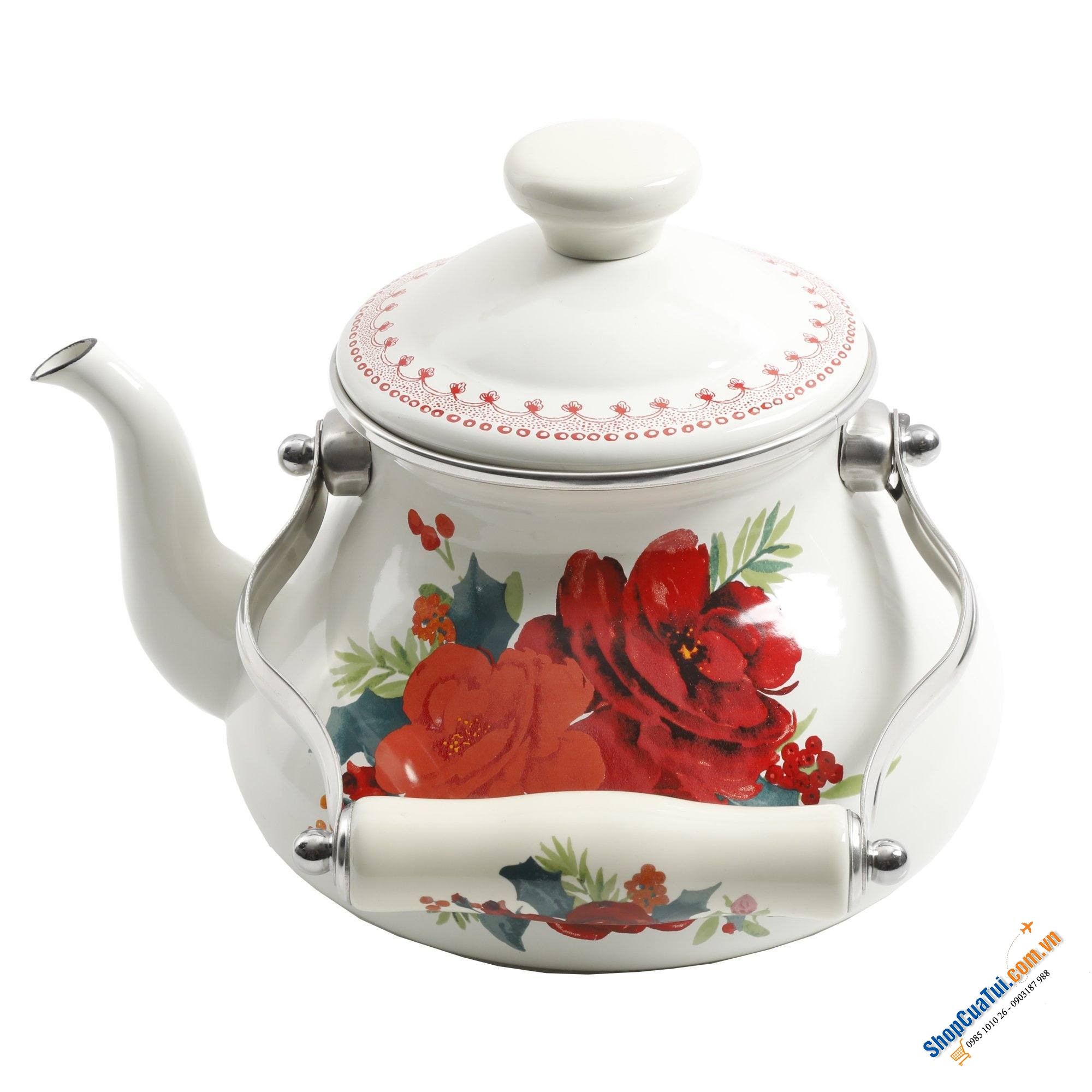 Ấm đun bếp từ The Pioneer Woman 1,8L họa tiết hoa nền trắng