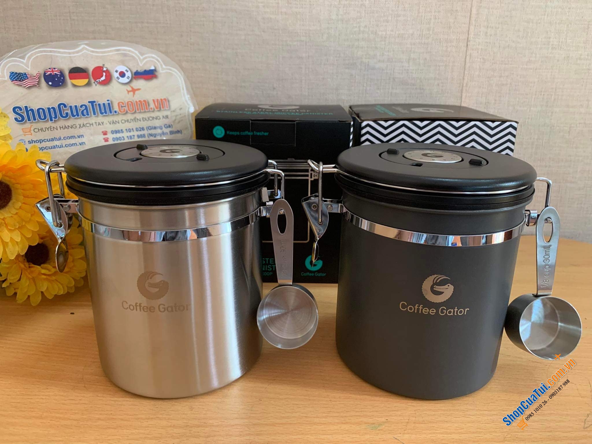 SET 2 HỘP ĐỰNG CÀ PHÊ CỠ NHỠ 1,3L GATOR (màu inox - đen).
