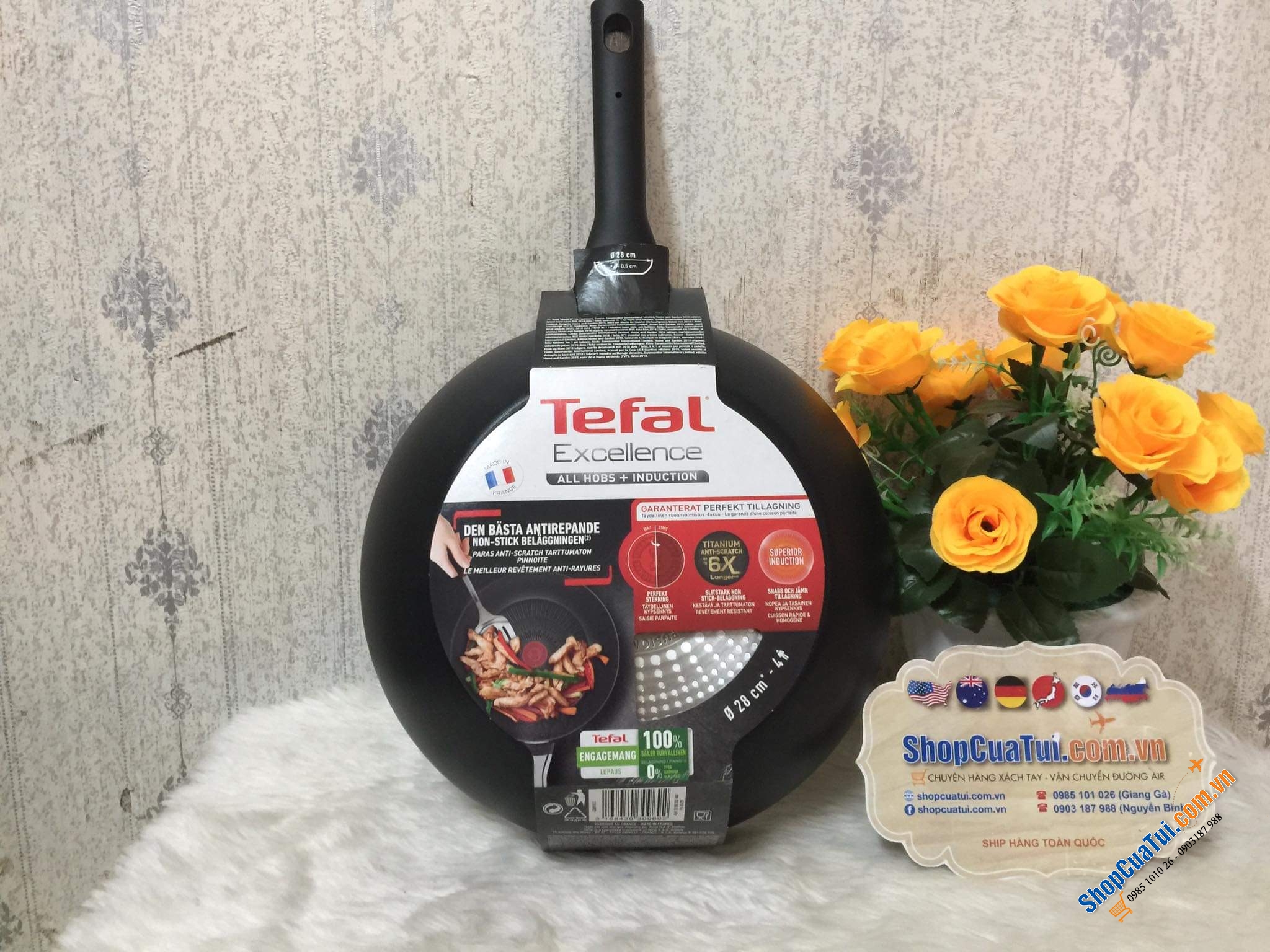 Chảo sâu lòng Tefal Excellence Wok 28cm tăng cường thêm 3 lớp Titanium - độ bền xuất sắc - Made in France