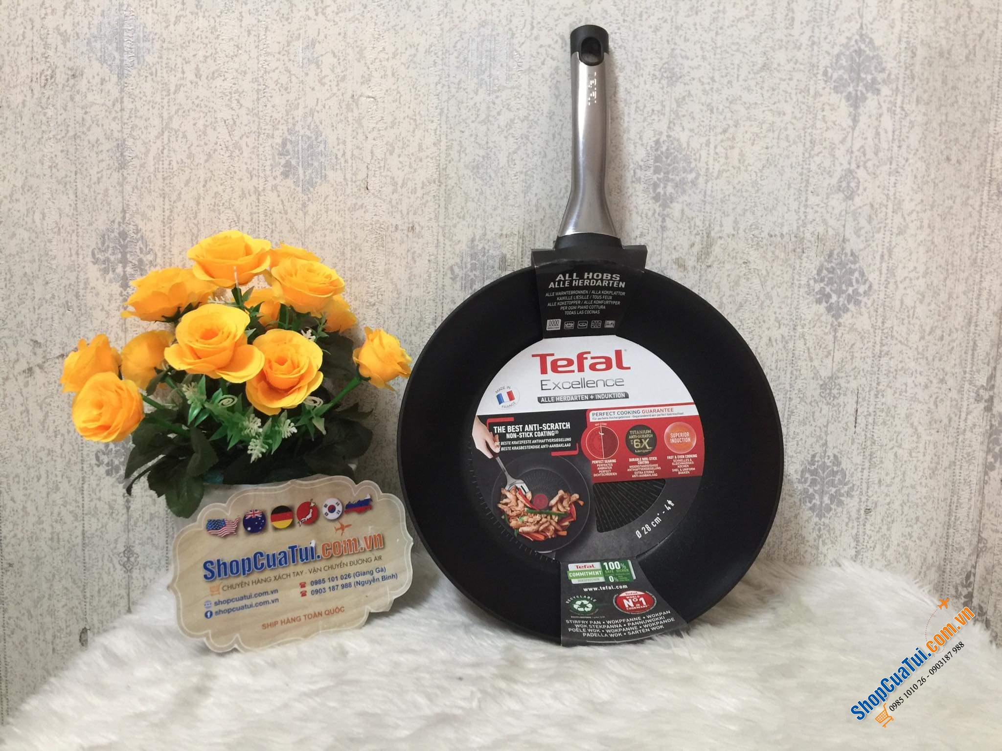 Chảo sâu lòng Tefal Excellence Wok 28cm tăng cường thêm 3 lớp Titanium - độ bền xuất sắc - Made in France