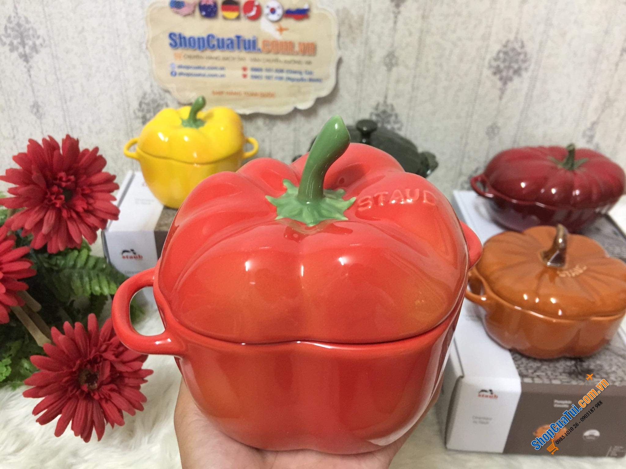 SET ĐÔI ÂU ỚT ĐỎ - VÀNG STAUB ĐỰNG BÁNH KẸO - HẠT - ĐỒ ĂN STAUB.