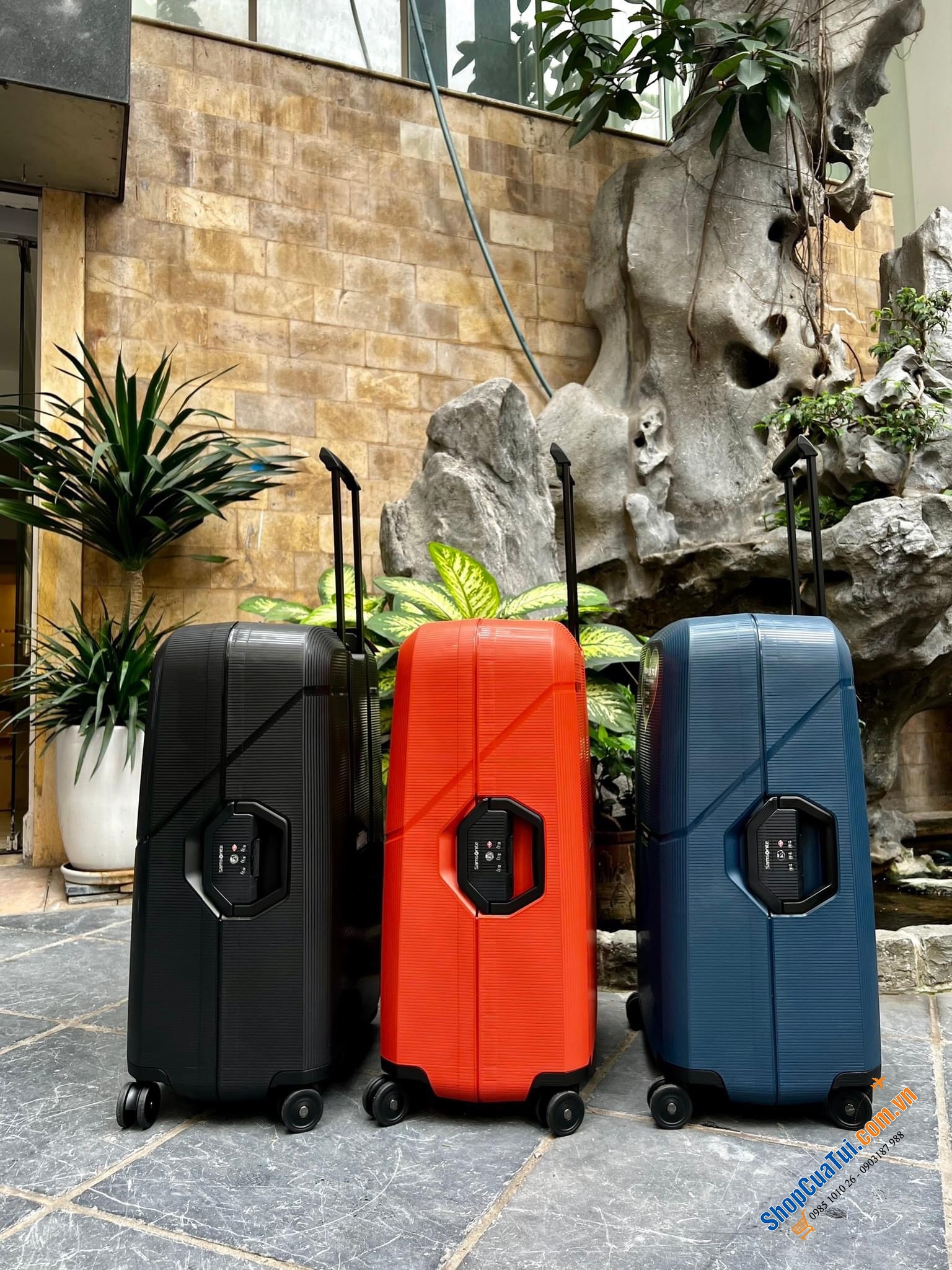 Set 3 vali kéo Samsonite Magnum ECO - Made in EU - Khoá ngoài, 3 màu xanh, đen, cam size S,M,L (có bán lẻ từng chiếc)