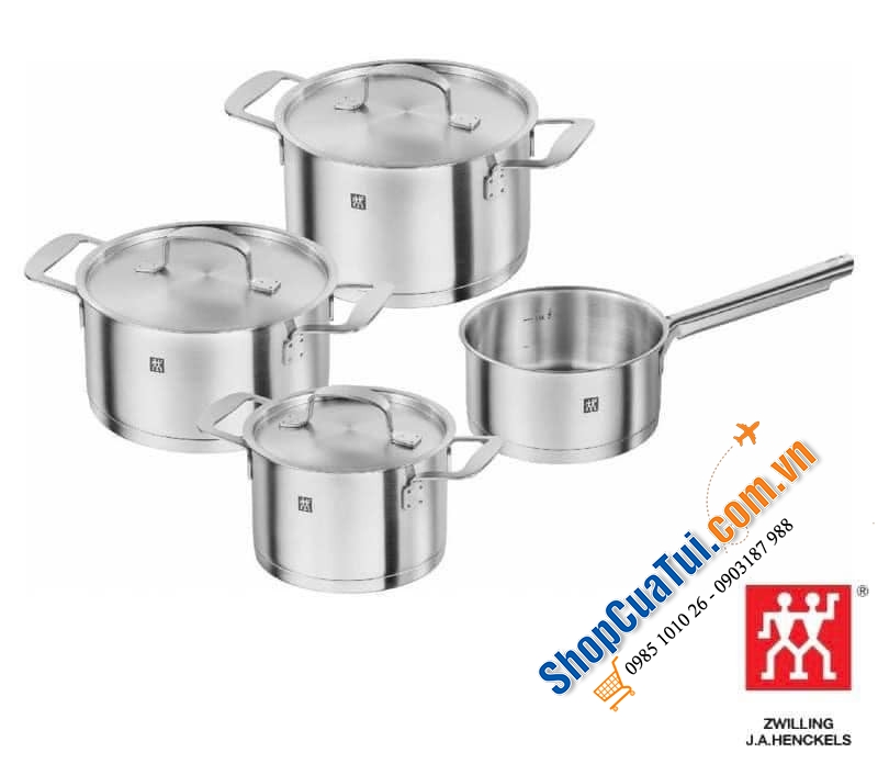 BỘ NỒI ZWILLING BASE 4 MÓN - VUNG INOX - THÉP KHÔNG GỈ CAO CẤP - CHẤT THÉP BÓNG MỜ - BỀN ĐẸP - HẠN CHẾ TRẦY XƯỚC
