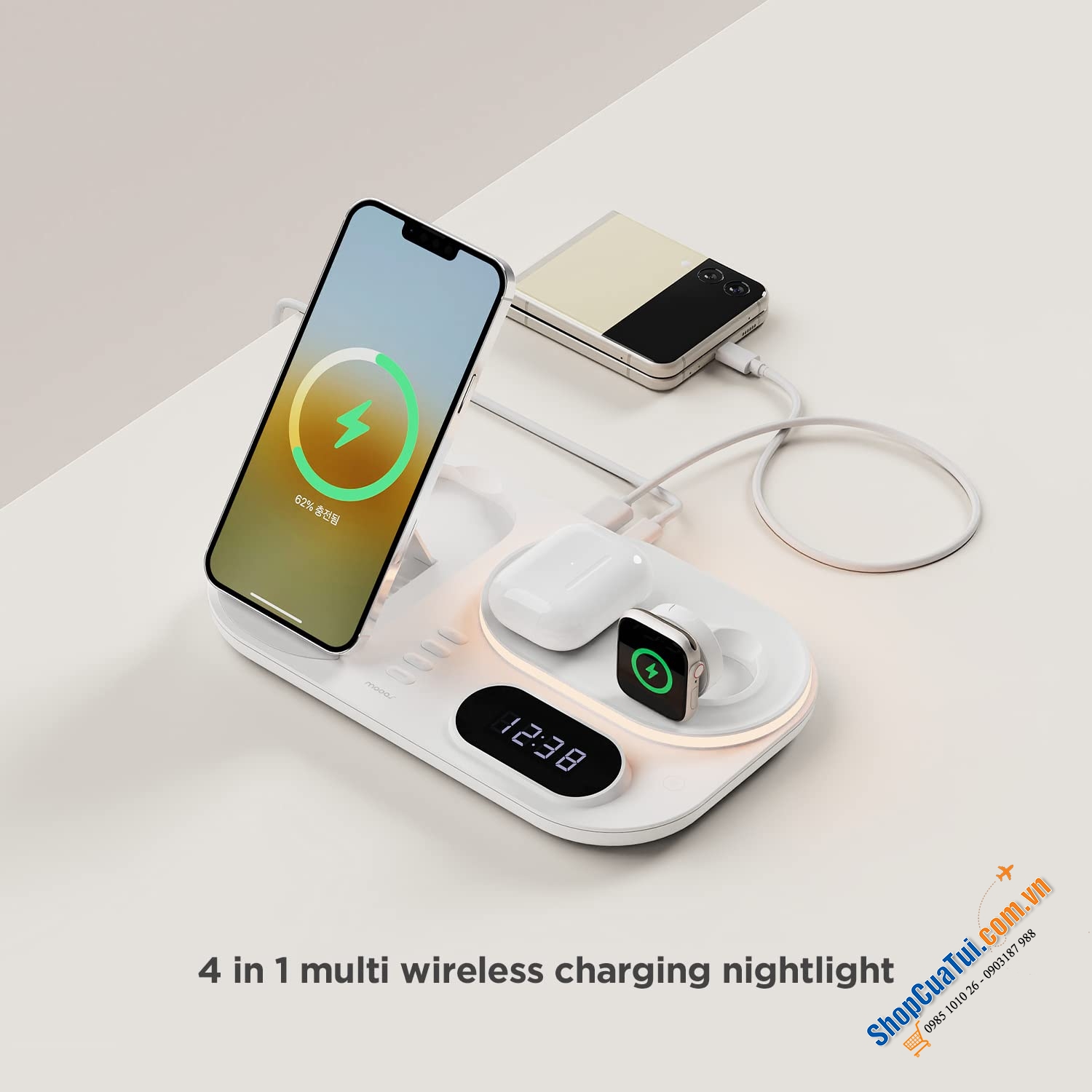 Sạc 4in1 Mooas - Vừa là đèn ngủ, vừa là sạc nhanh 30W, vừa có đồng hồ hiển thị, mua 1 được 4 quá tiện lợi