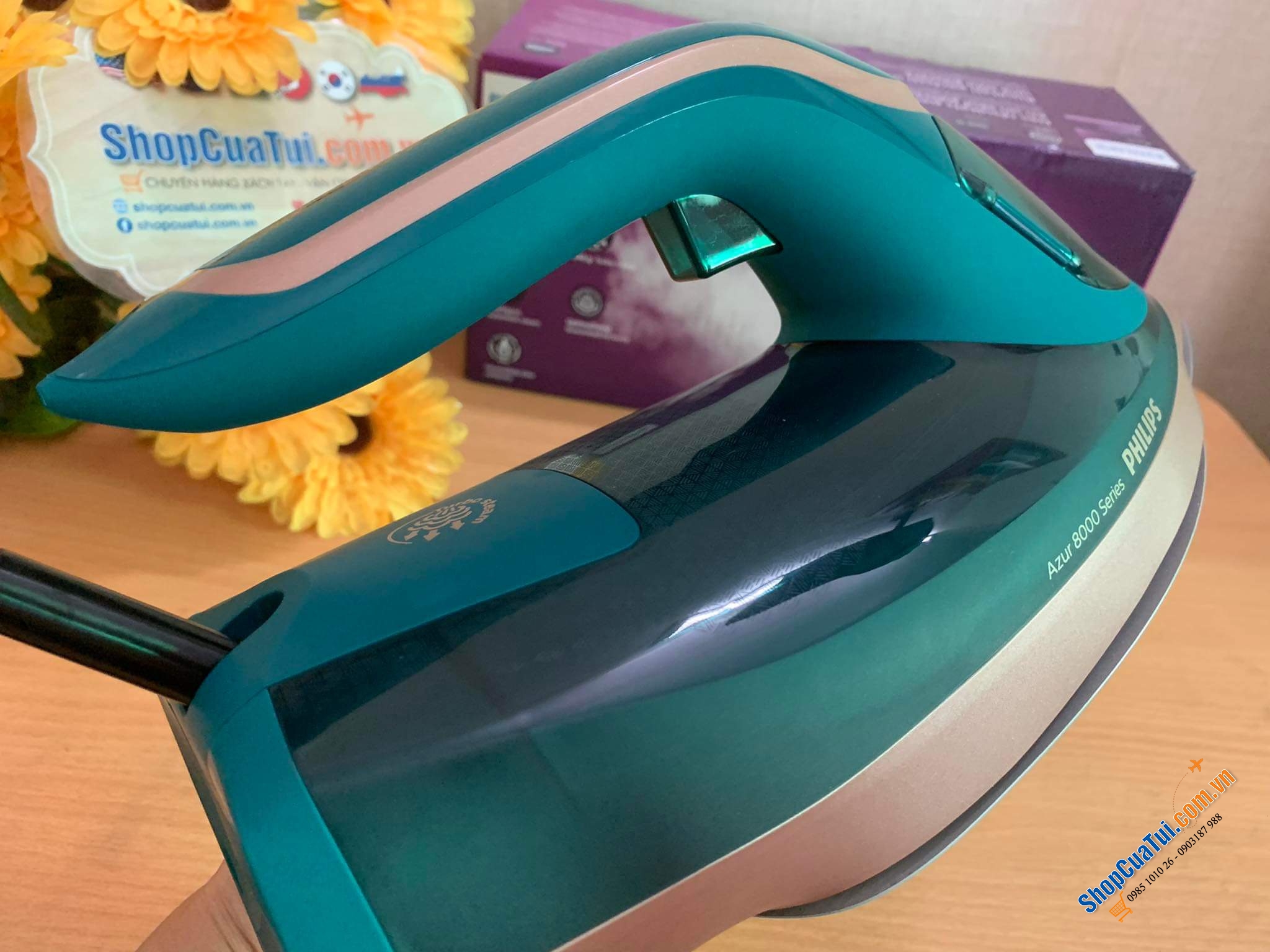 Bàn là hơi nước Philips Azur 8000 DST8030/70 công suất 3000W cực kỳ mạnh mẽ màu xanh thạch anh-gold