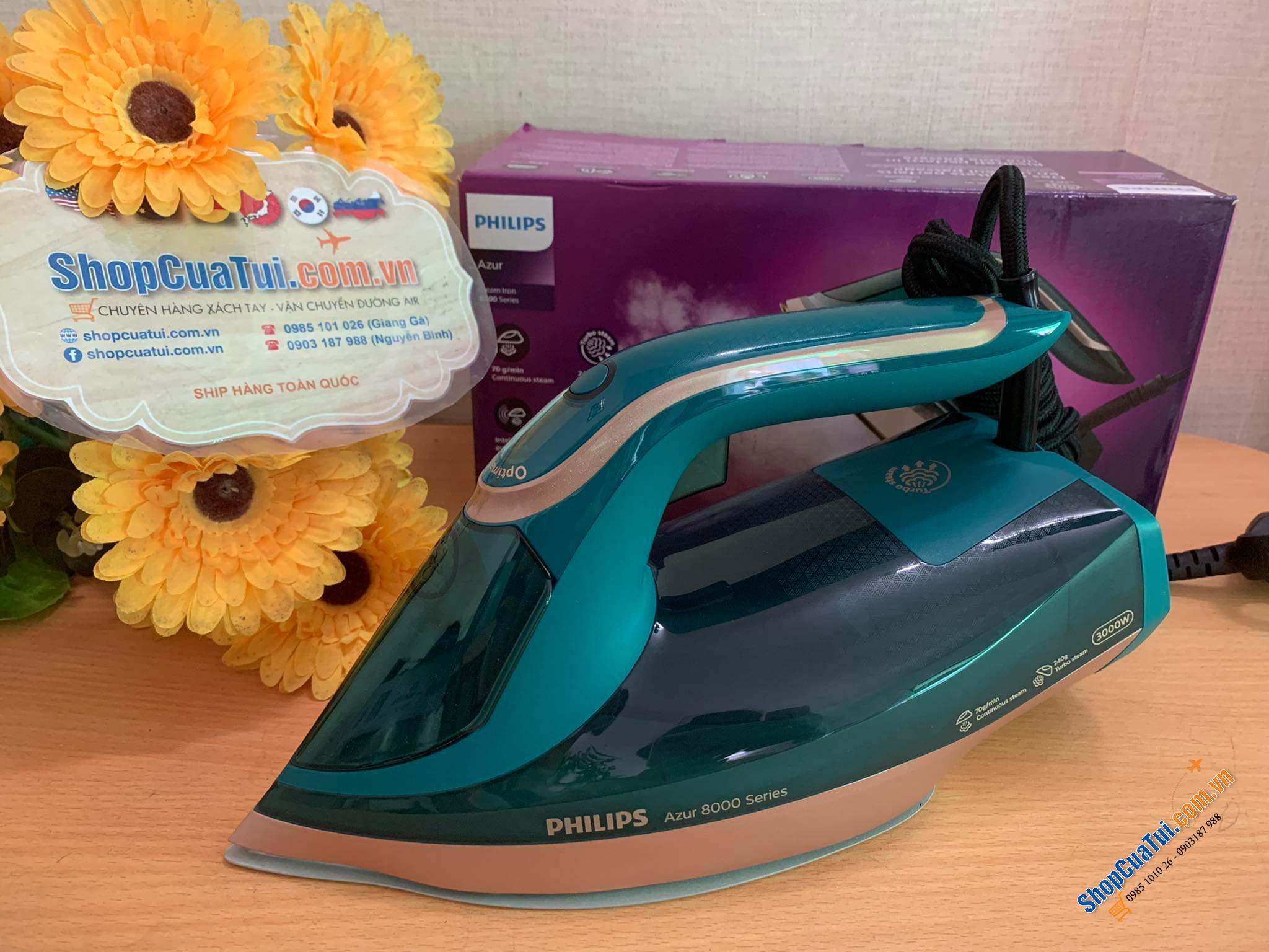 Bàn là hơi nước Philips Azur 8000 DST8030/70 công suất 3000W cực kỳ mạnh mẽ màu xanh thạch anh-gold