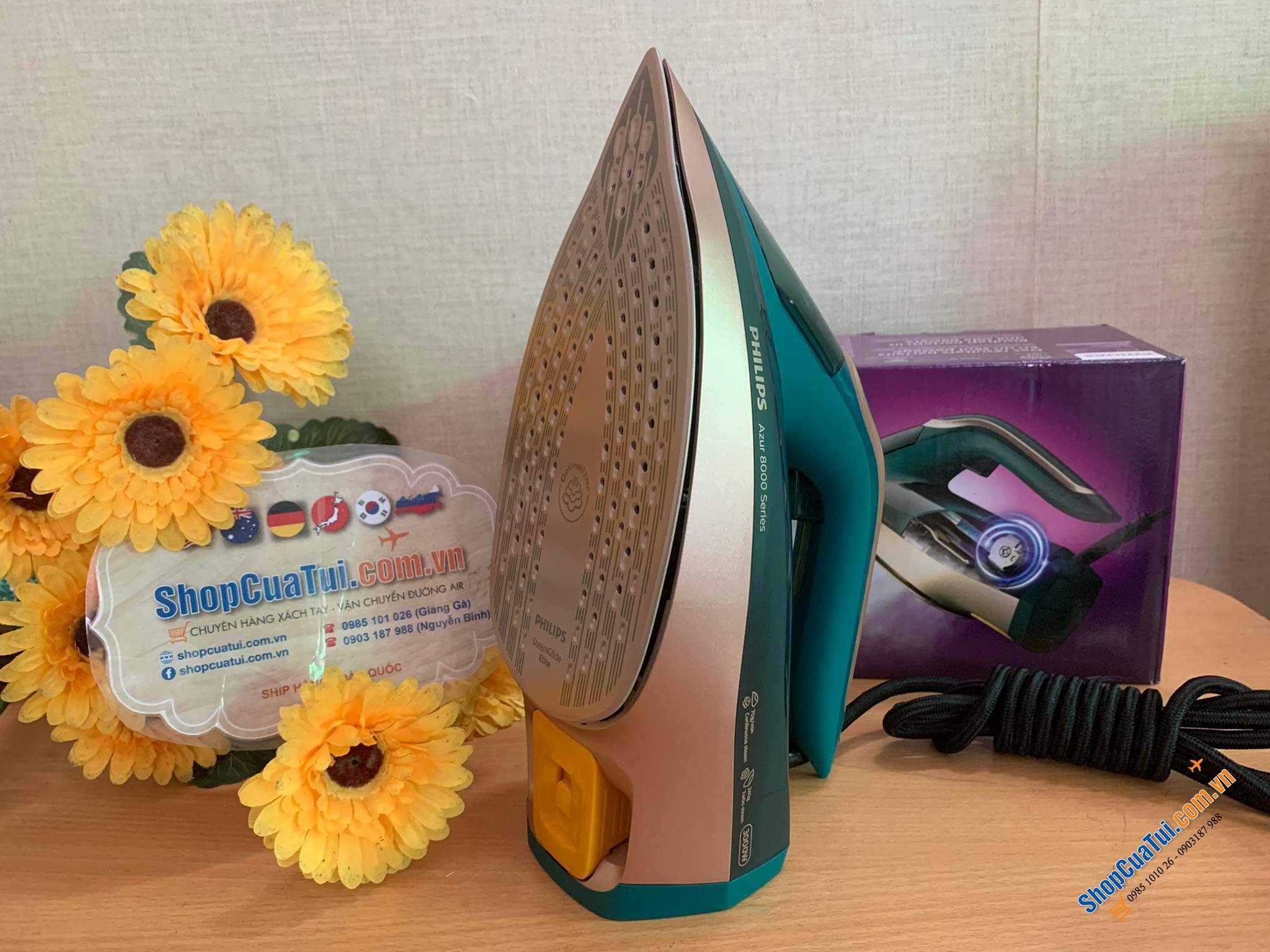 Bàn là hơi nước Philips Azur 8000 DST8030/70 công suất 3000W cực kỳ mạnh mẽ màu xanh thạch anh-gold