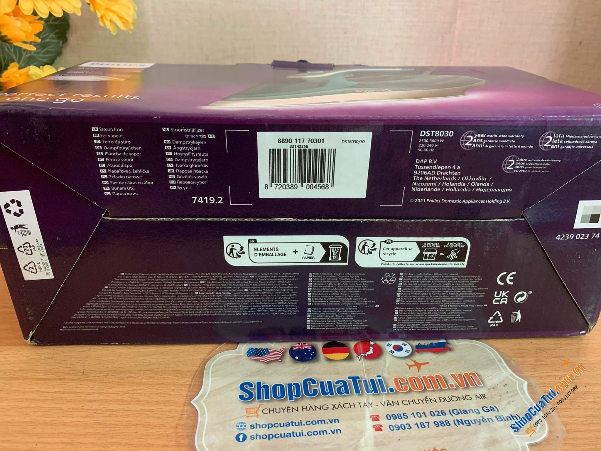 Bàn là hơi nước Philips Azur 8000 DST8030/70 công suất 3000W cực kỳ mạnh mẽ màu xanh thạch anh-gold