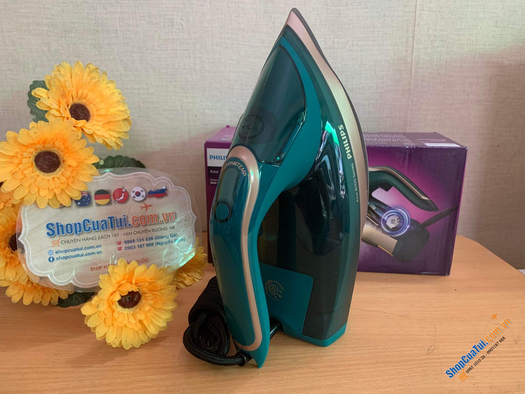 Bàn là hơi nước Philips Azur 8000 DST8030/70 công suất 3000W cực kỳ mạnh mẽ màu xanh thạch anh-gold