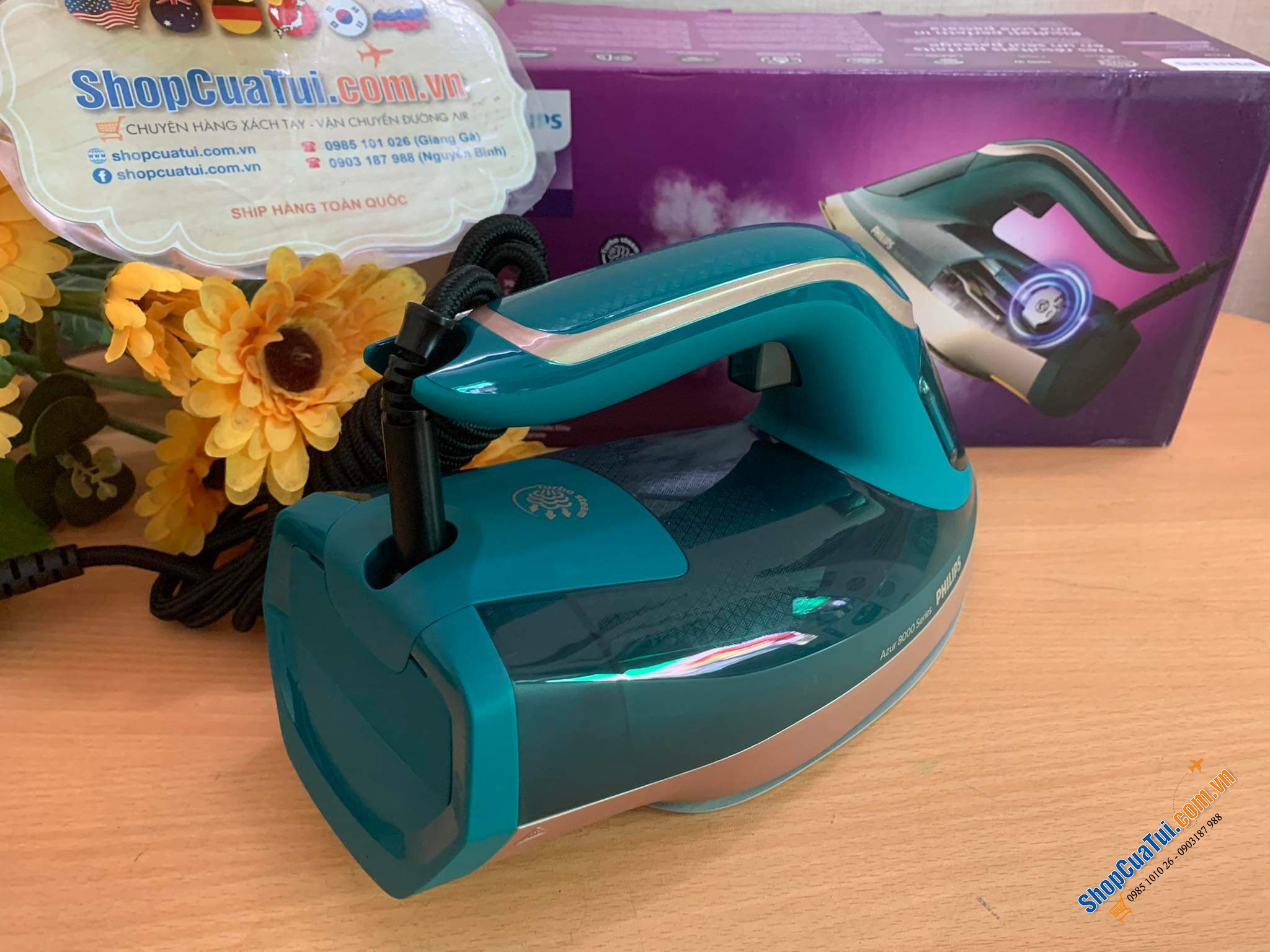 Bàn là hơi nước Philips Azur 8000 DST8030/70 công suất 3000W cực kỳ mạnh mẽ màu xanh thạch anh-gold