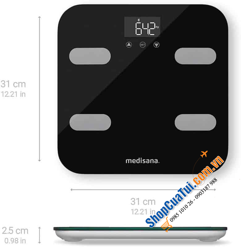 Cân Điện Tử Medisana 40503 BS 602 Connect  - Kết nối với Wifi đo trọng lượng, lượng mỡ, lượng nước, tỷ lệ phần trăm cơ, trọng lượng xương, BMI và BMR