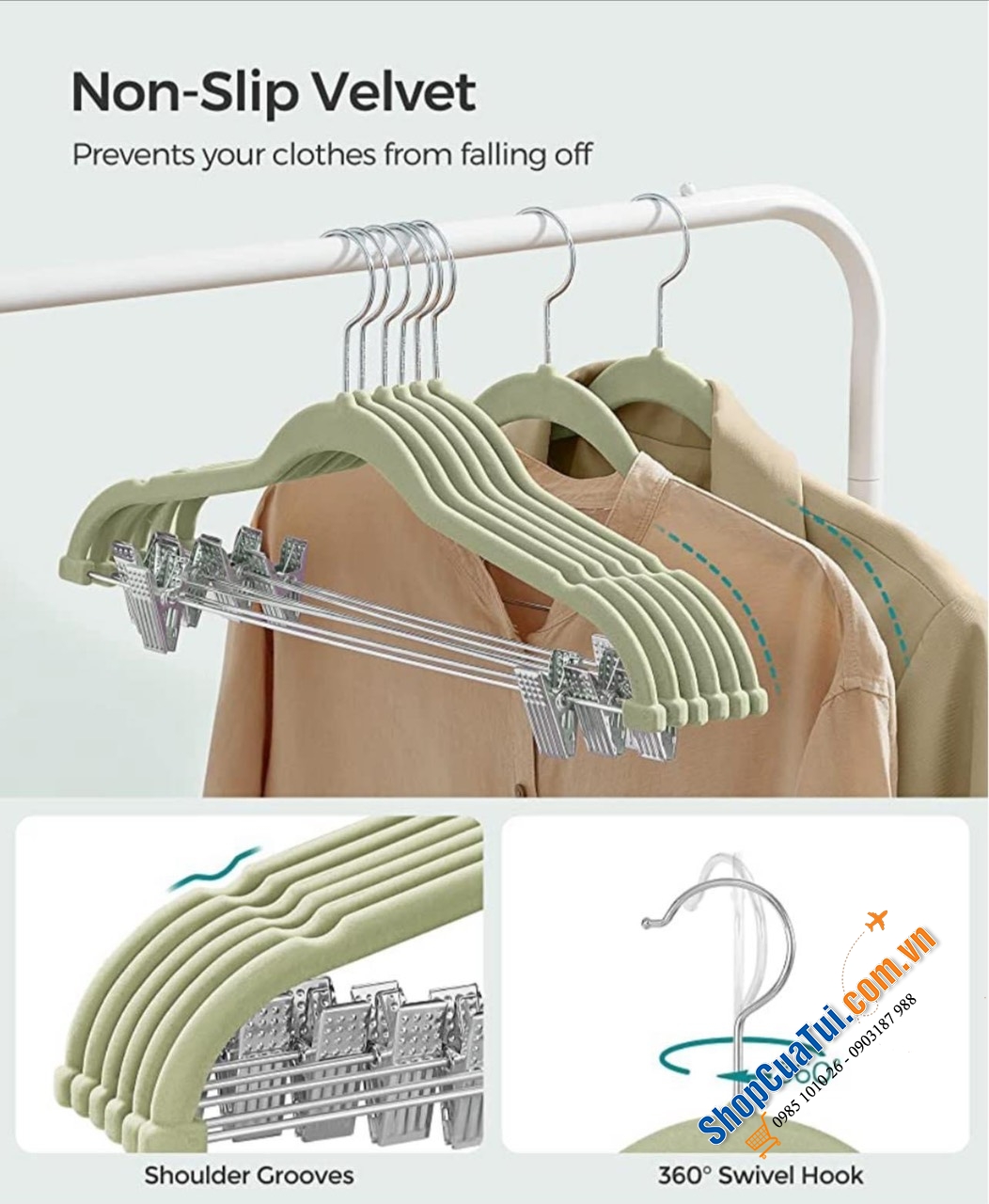 Set 30 mắc quần áo phủ nhung kèm kẹp treo quần, váy Songmics - Móc quần áo model 2023