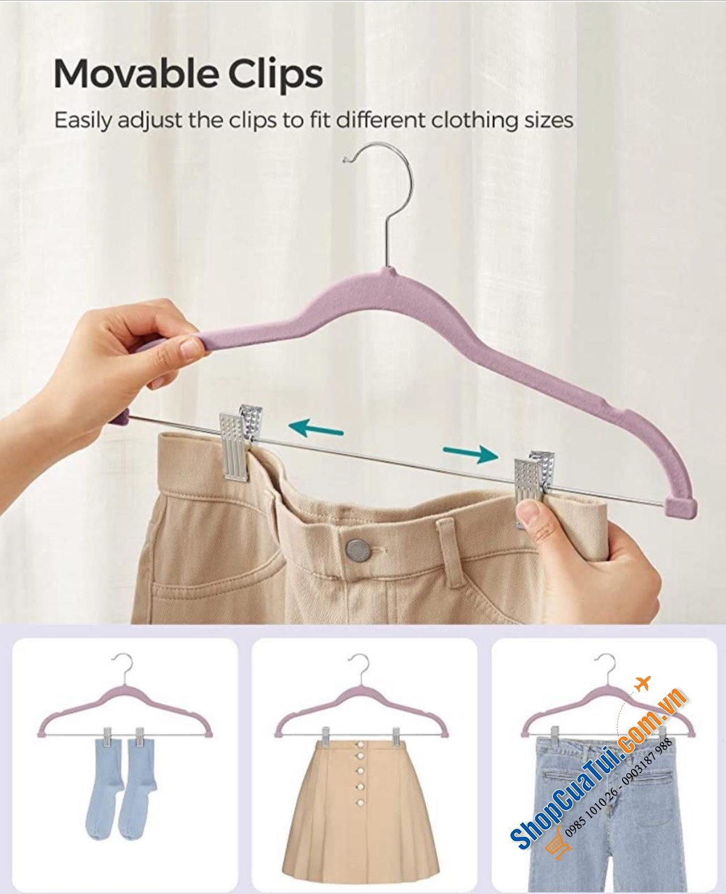 Set 30 mắc quần áo phủ nhung kèm kẹp treo quần, váy Songmics - Móc quần áo model 2023