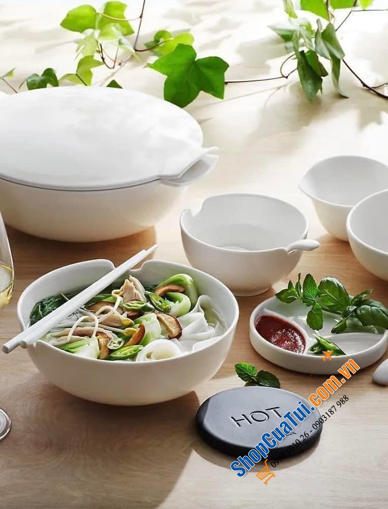 Set bát ăn phở Villeroy & Boch -  Made in Germany - gồm:  1 bát ăn phở 20.5cm; 1 đôi đũa, 1 thìa sứ, 1 đĩa dài