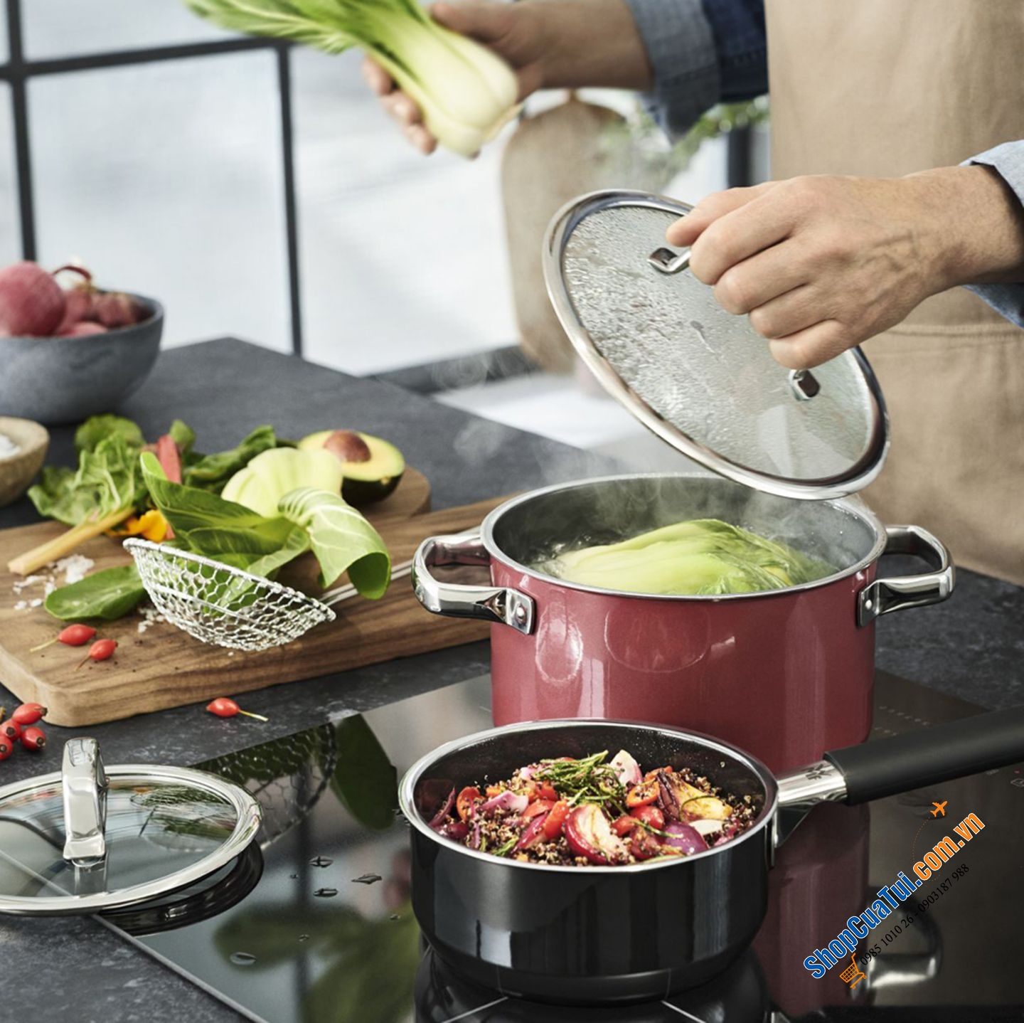 BỘ NỒI WMF FUSIONTEC FT Mineral 3 NỒI 1 QUÁNH - Màu đỏ đỗ - CAO CẤP - MADE IN GERMANY