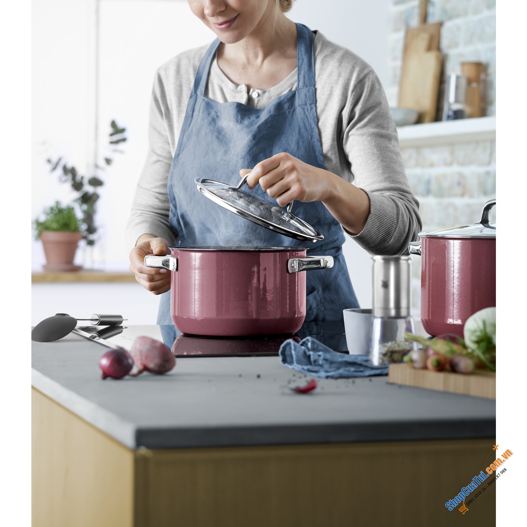 BỘ NỒI WMF FUSIONTEC FT Mineral 3 NỒI 1 QUÁNH - Màu đỏ đỗ - CAO CẤP - MADE IN GERMANY