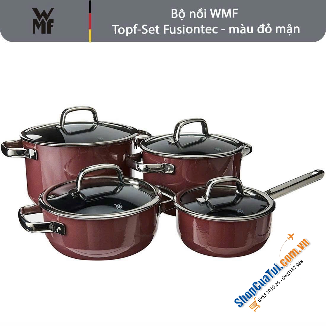 BỘ NỒI WMF FUSIONTEC FT Mineral 3 NỒI 1 QUÁNH - Màu đỏ đỗ - CAO CẤP - MADE IN GERMANY