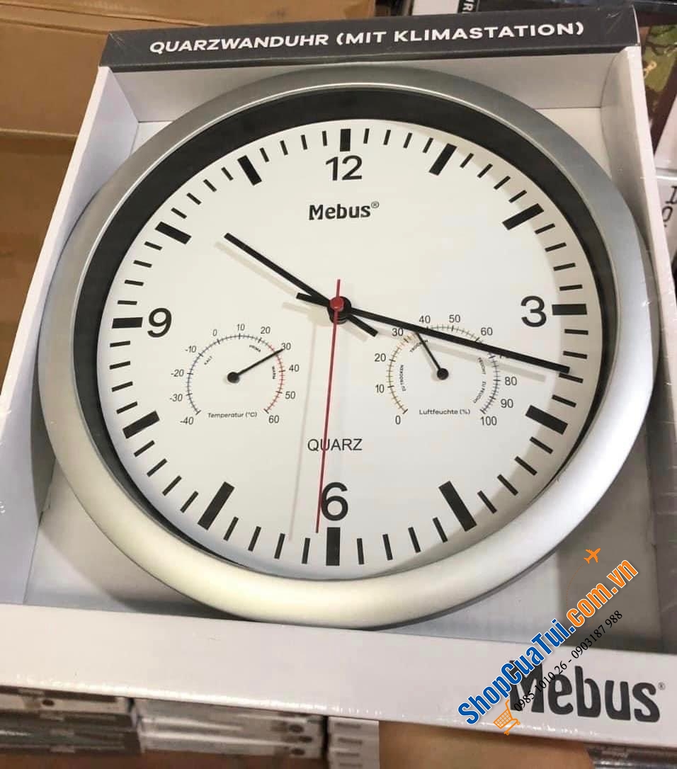 ĐỒNG HỒ TREO TƯỜNG KÈM ĐO NHIỆT ĐỘ VÀ ĐỘ ẨM MEBUS.