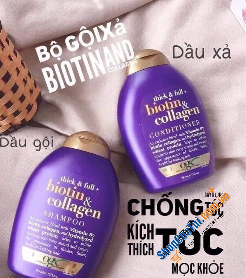 CẶP DẦU GỘI VÀ DẦU XẢ THICK & FULL BIOTIN COLLAGEN OGX TÍM 385ml nội địa ĐỨC giảm rụng tóc, dành cho tóc dễ giòn gãy, tóc yếu, tóc mỏng