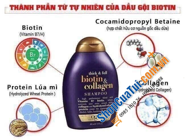 CẶP DẦU GỘI VÀ DẦU XẢ THICK & FULL BIOTIN COLLAGEN OGX TÍM 385ml nội địa ĐỨC giảm rụng tóc, dành cho tóc dễ giòn gãy, tóc yếu, tóc mỏng