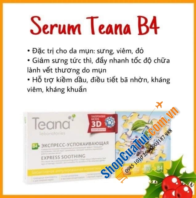 Tinh chất huyết thanh Serum Teana B4 Express Soothing - không chứa cồn, không hương liệu, đặc trị cho da bị mụn, giúp kiềm dầu, giảm viêm da