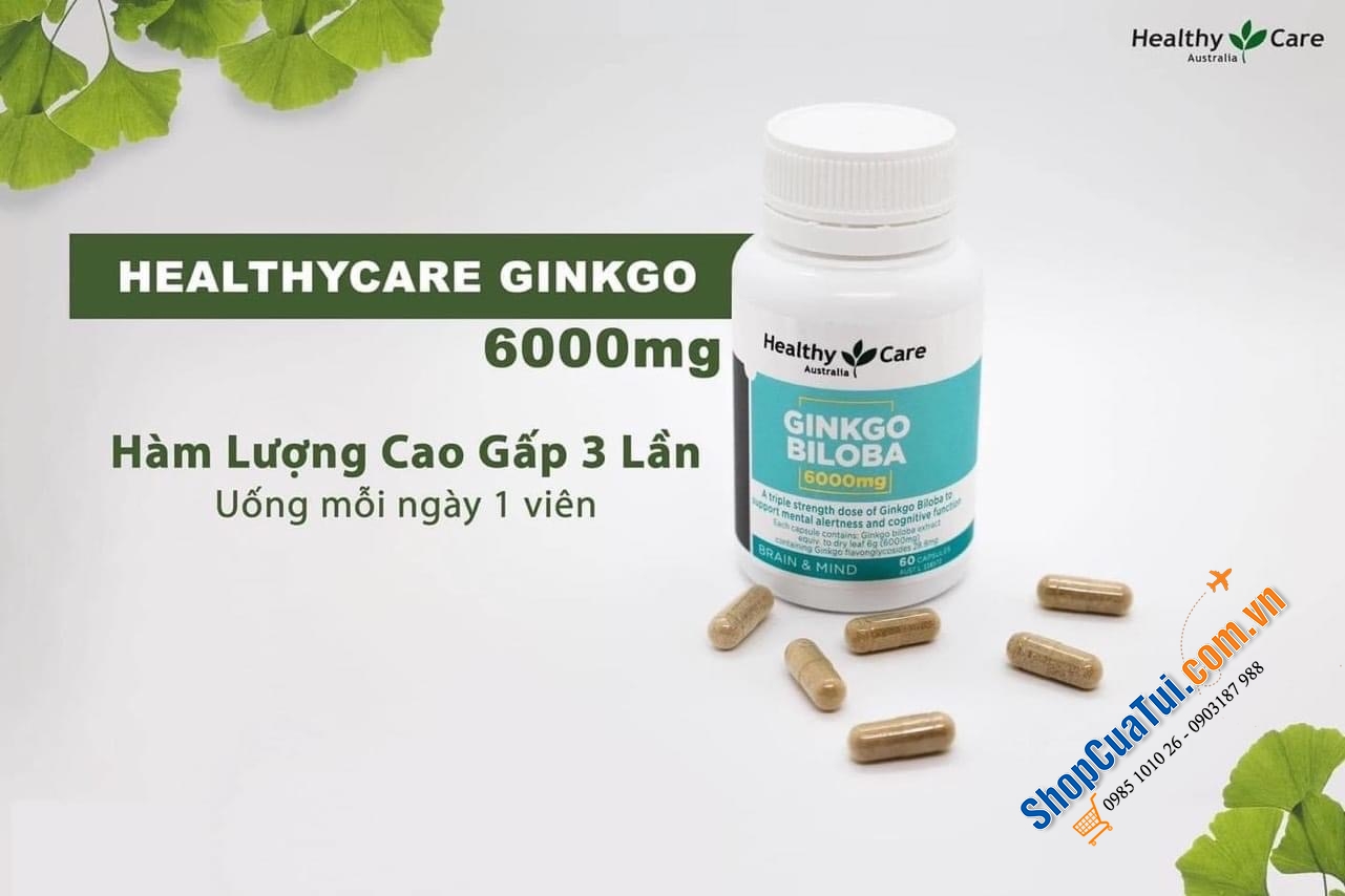 BỔ NÃO, HOẠT HUYẾT DƯỠNG NÃO HÀM LƯỢNG CAO GẤP 3 LẦN LOẠI THƯỜNG, MỖI NGÀY CHỈ CẦN UỐNG 1 VIÊN: Healthy Care Ginkgo Biloba 6000mg 60 Capsules