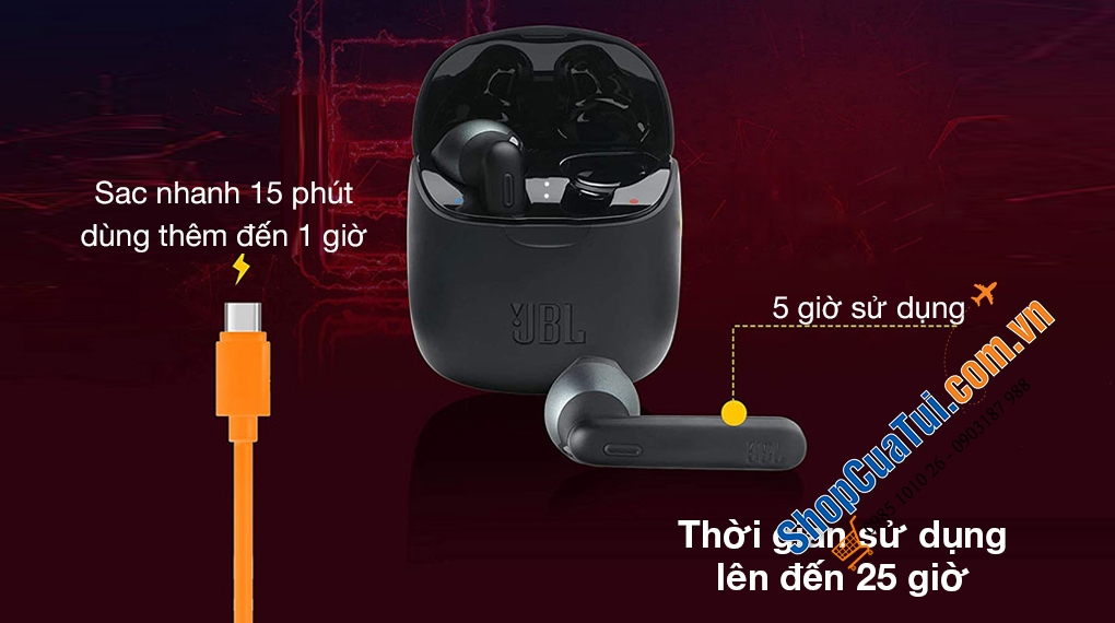 Tai nghe Bluetooth True Wireless JBL T225TWS kiểu dáng công thái học vừa vặn với khuôn tai của đa số người dùng