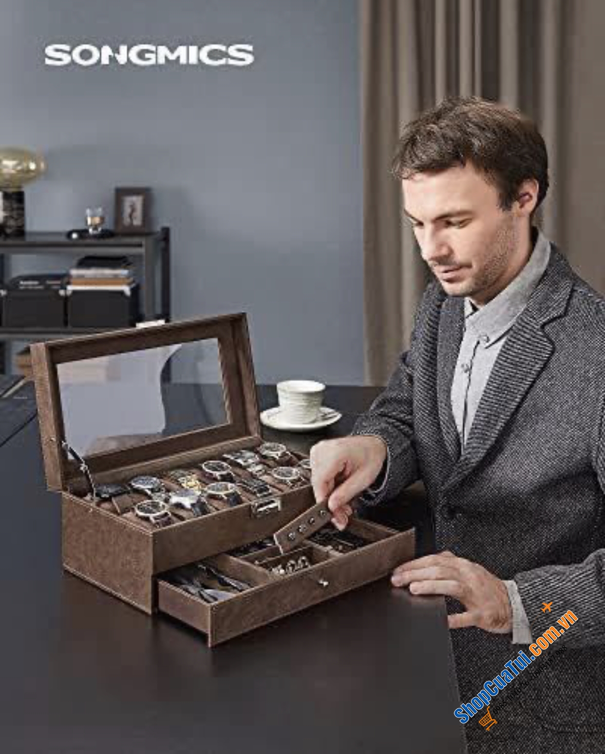 Hộp đựng đồng hồ, trang sức bằng da Songmics 2 tầng - Đẳng cấp châu Âu