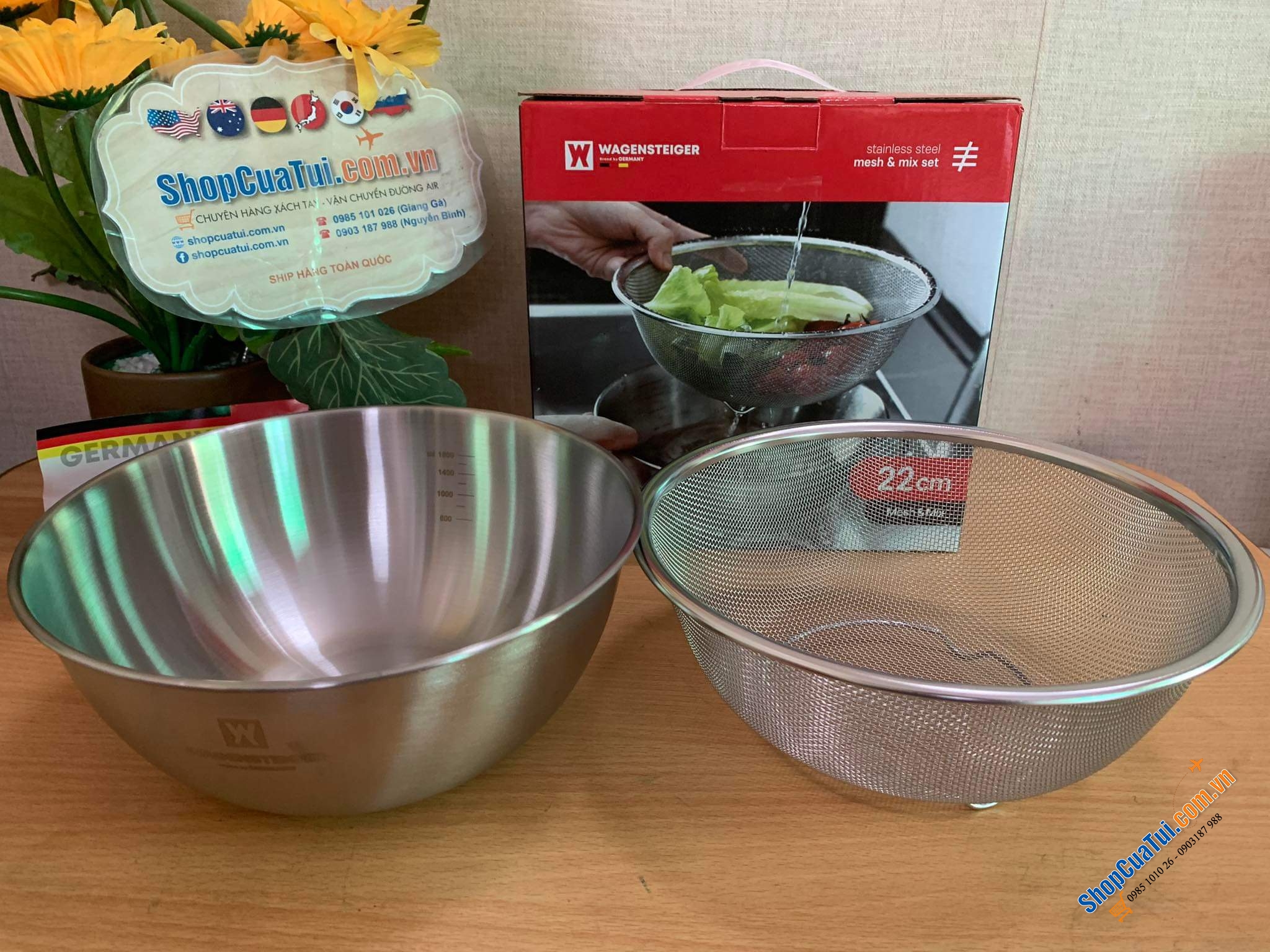 Set bát trộn và rổ lưới thép không gỉ WAGENSTEIGER 22cm hoặc 24cm - Sang trọng hợp về sinh phù hợp với mọi căn bếp