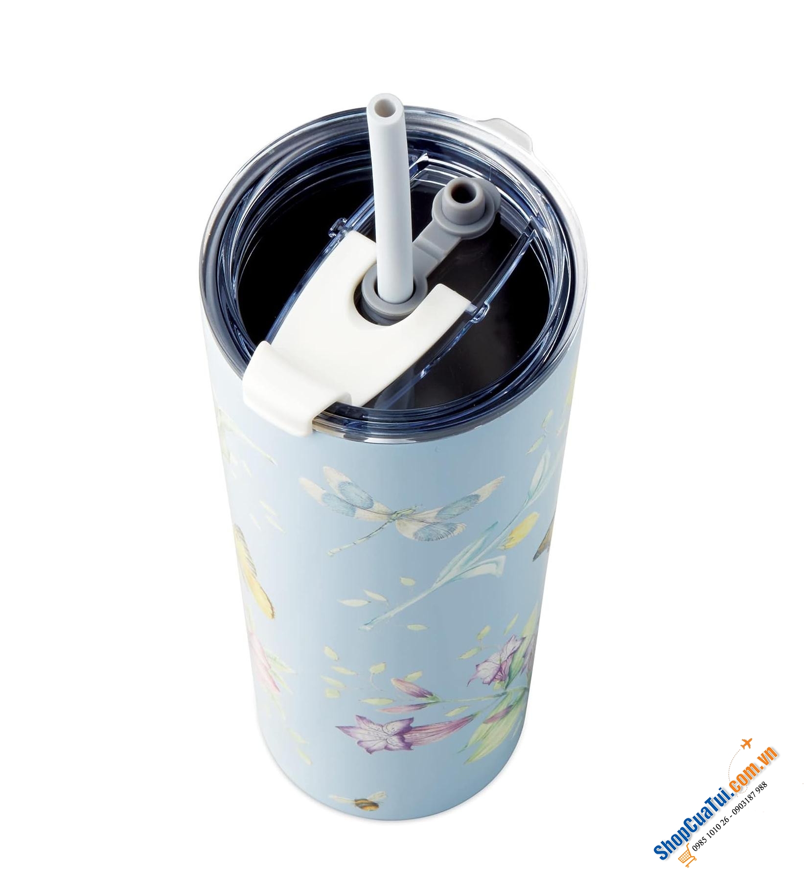 Cốc giữ nhiệt kèm ống hút Lenox 24oz (700ml) với hai lớp bằng thép không gỉ và cách nhiệt chân không, màu hồng hoặc xanh light blue