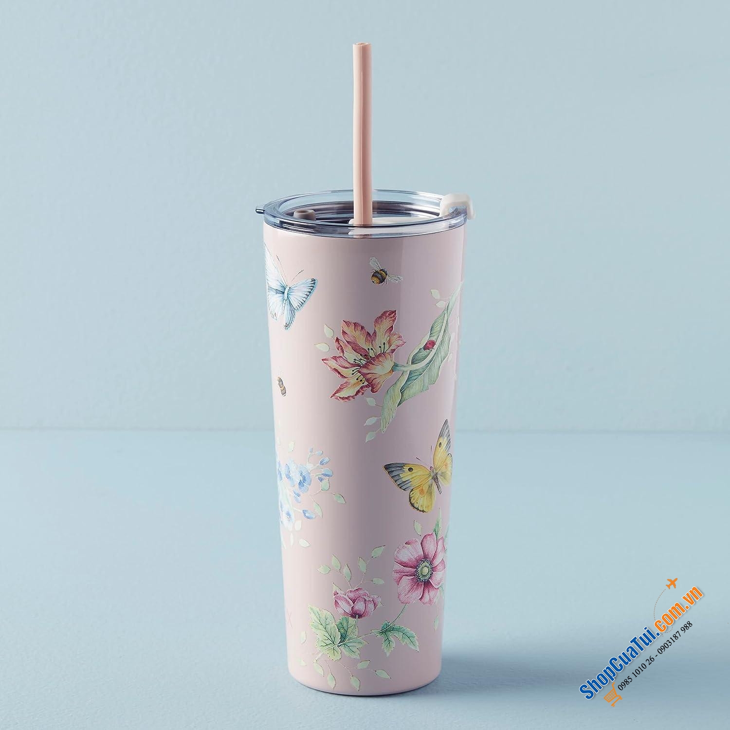 Cốc giữ nhiệt kèm ống hút Lenox 24oz (700ml) với hai lớp bằng thép không gỉ và cách nhiệt chân không, màu hồng hoặc xanh light blue