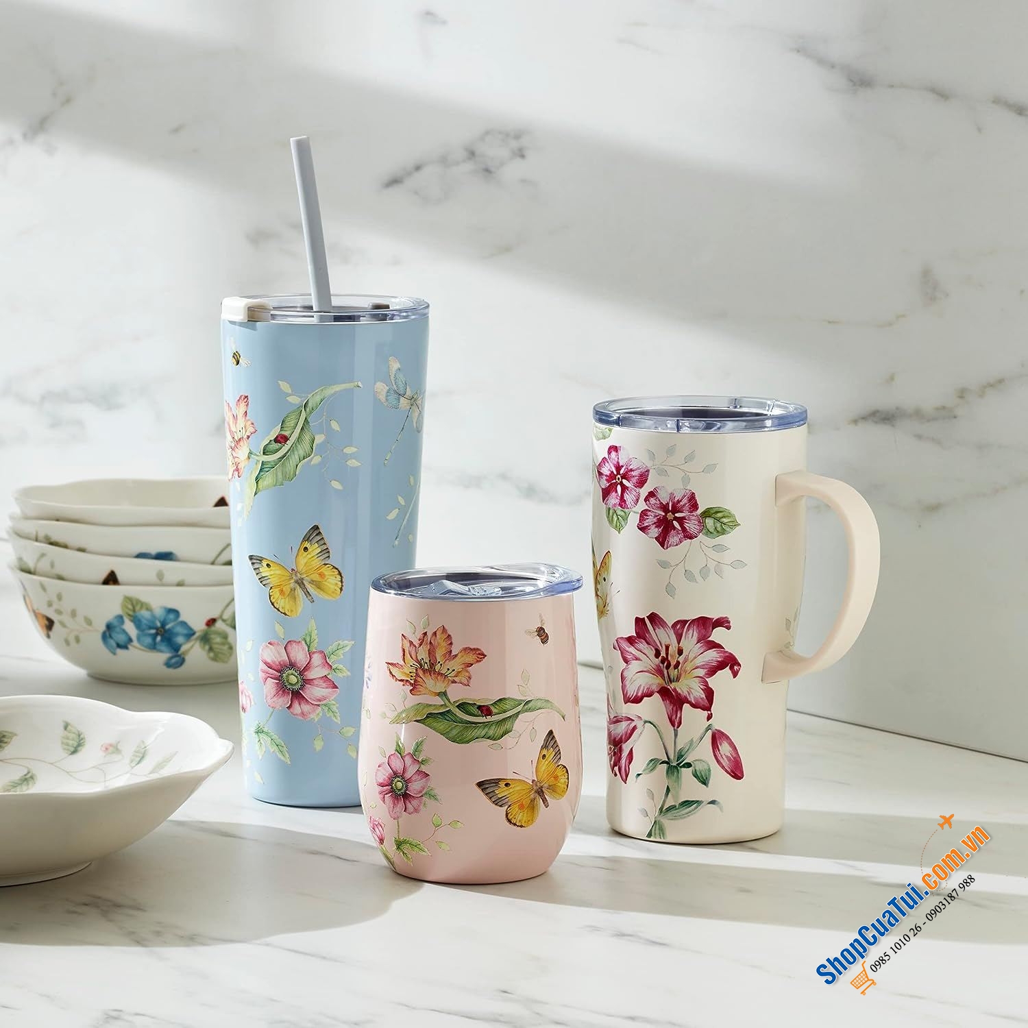 Cốc giữ nhiệt kèm ống hút Lenox 24oz (700ml) với hai lớp bằng thép không gỉ và cách nhiệt chân không, màu hồng hoặc xanh light blue