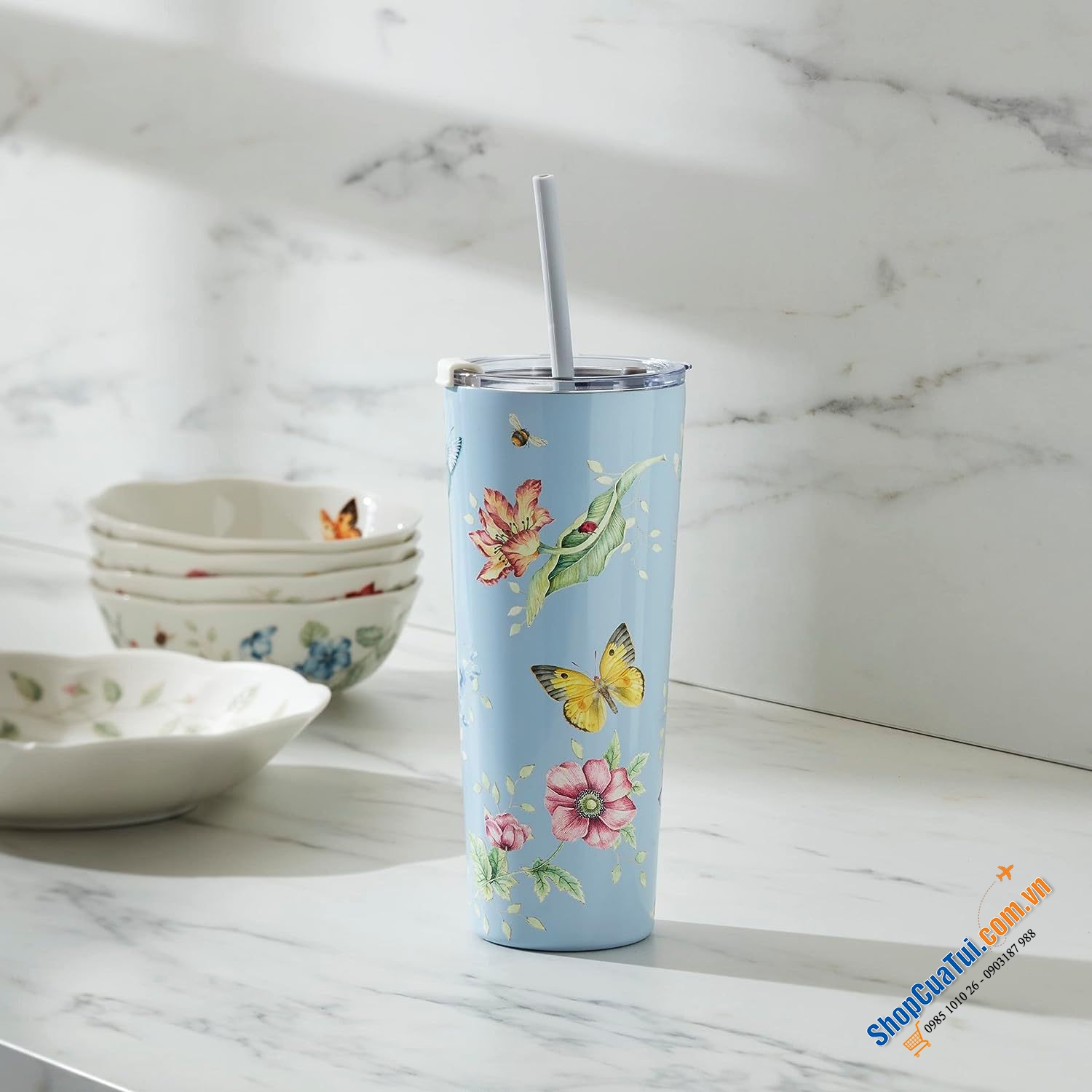 Cốc giữ nhiệt kèm ống hút Lenox 24oz (700ml) với hai lớp bằng thép không gỉ và cách nhiệt chân không, màu hồng hoặc xanh light blue