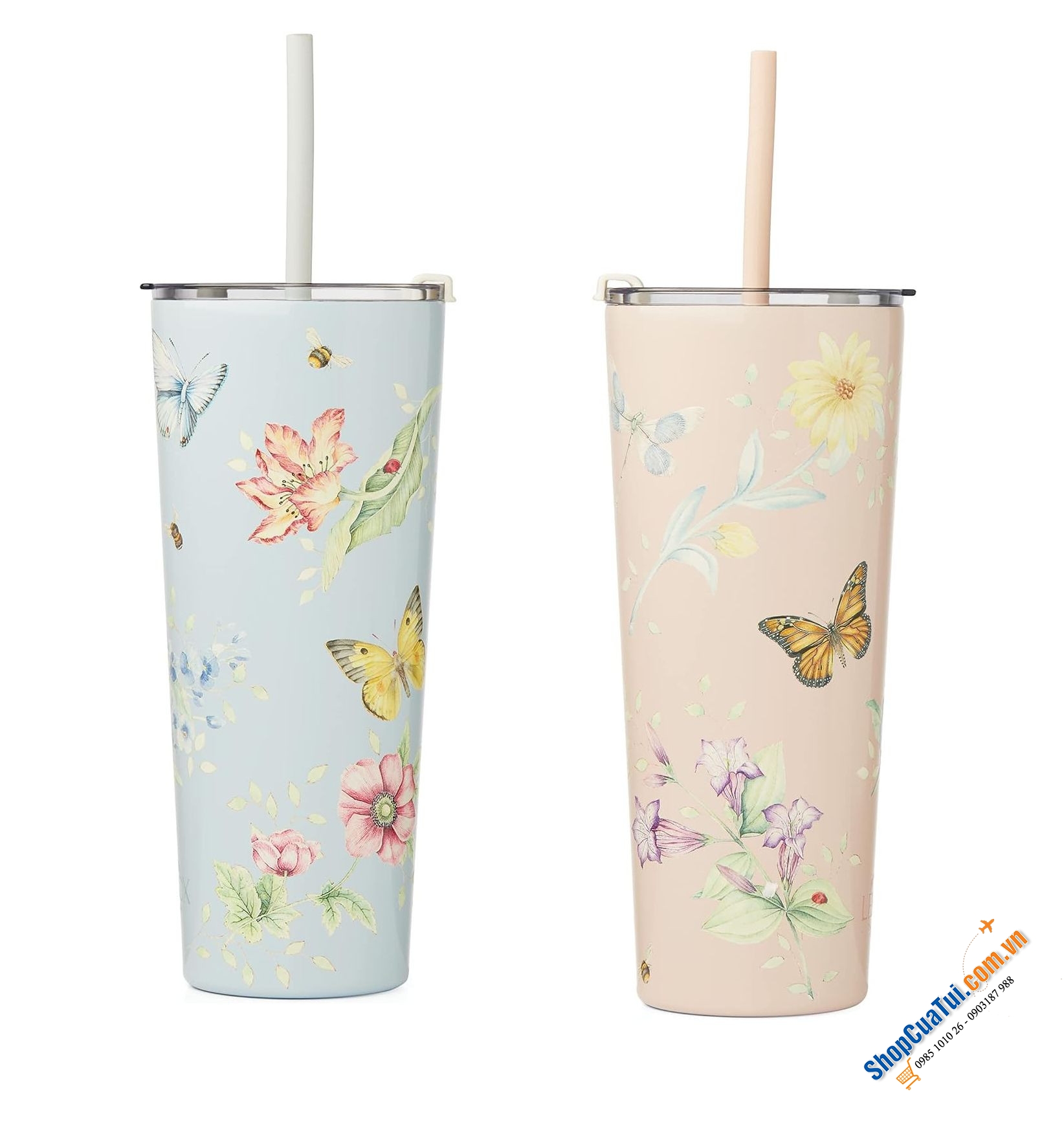 Cốc giữ nhiệt kèm ống hút Lenox 24oz (700ml) với hai lớp bằng thép không gỉ và cách nhiệt chân không, màu hồng hoặc xanh light blue
