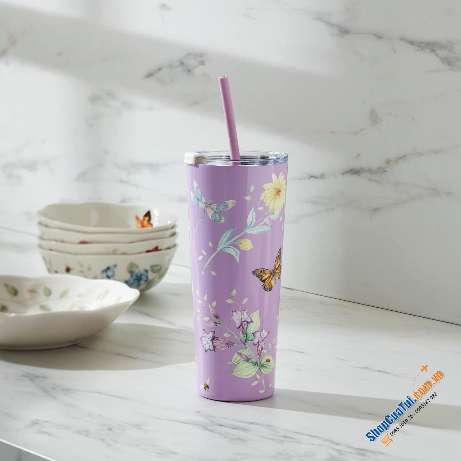 Cốc giữ nhiệt kèm ống hút Lenox 24oz (700ml) với hai lớp bằng thép không gỉ và cách nhiệt chân không, màu hồng hoặc xanh light blue