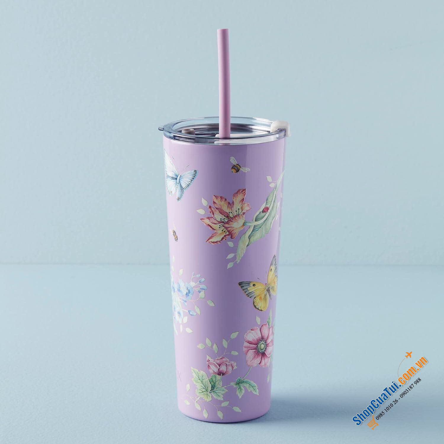 Cốc giữ nhiệt kèm ống hút Lenox 24oz (700ml) với hai lớp bằng thép không gỉ và cách nhiệt chân không, màu hồng hoặc xanh light blue
